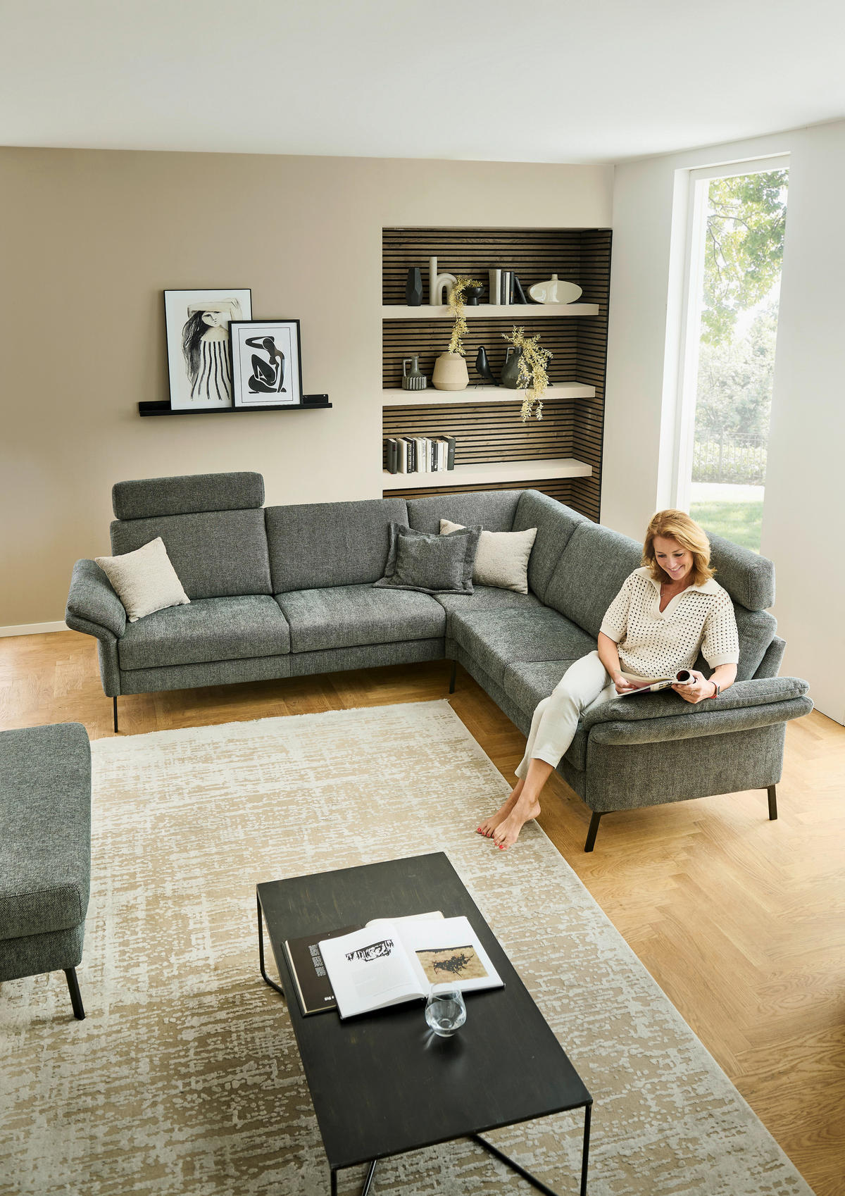 ECKSOFA 269/249 cm  in Chenille Olivgrün Rücken echt  269/249 cm  - Schwarz/Olivgrün, KONVENTIONELL, Textil/Metall (269/249cm) - Pure Home Comfort