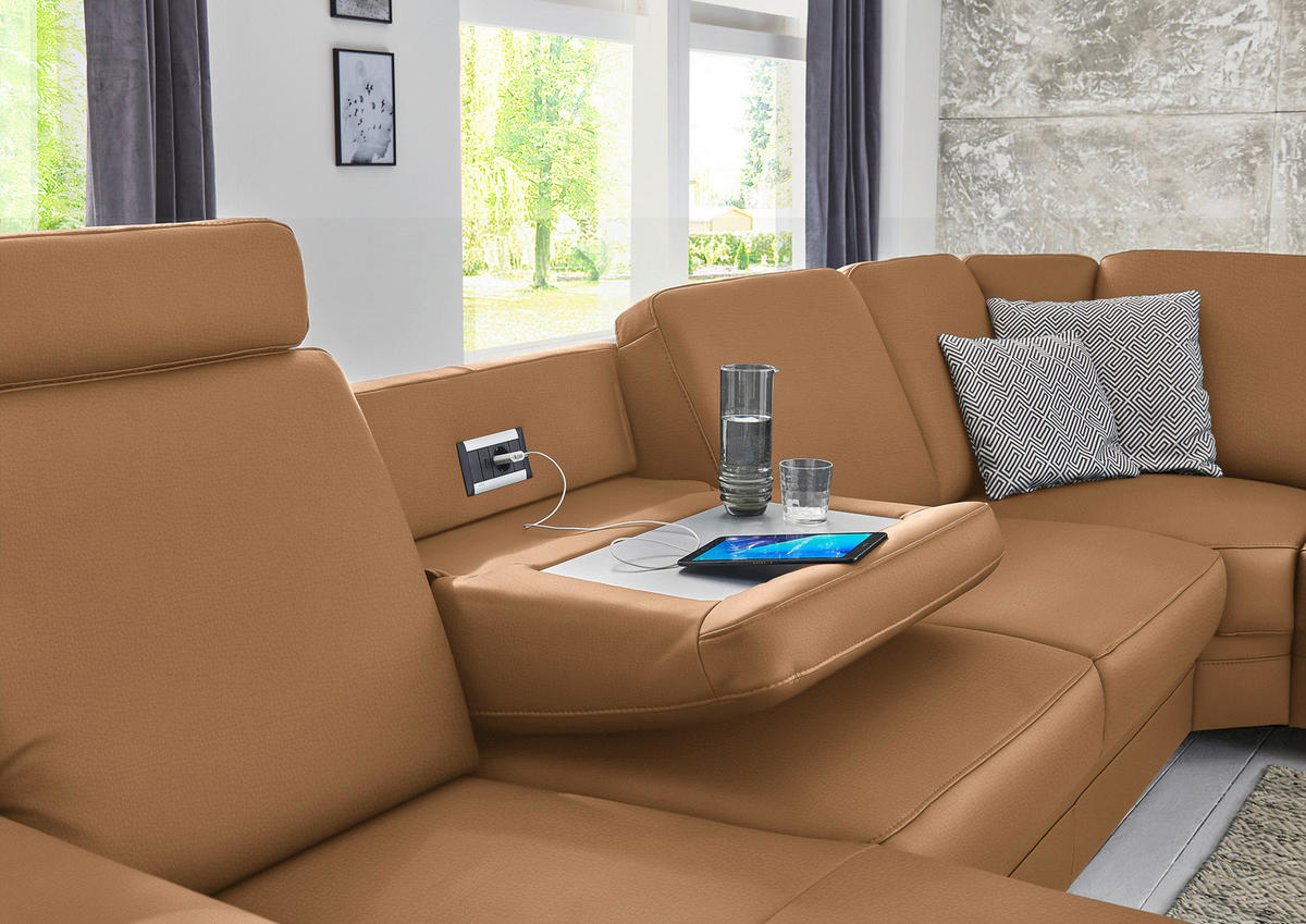 WOHNLANDSCHAFT Echtleder Hellbraun  - Hellbraun/Alufarben, Konventionell, Leder/Metall (165/329/239cm) - Beldomo Premium