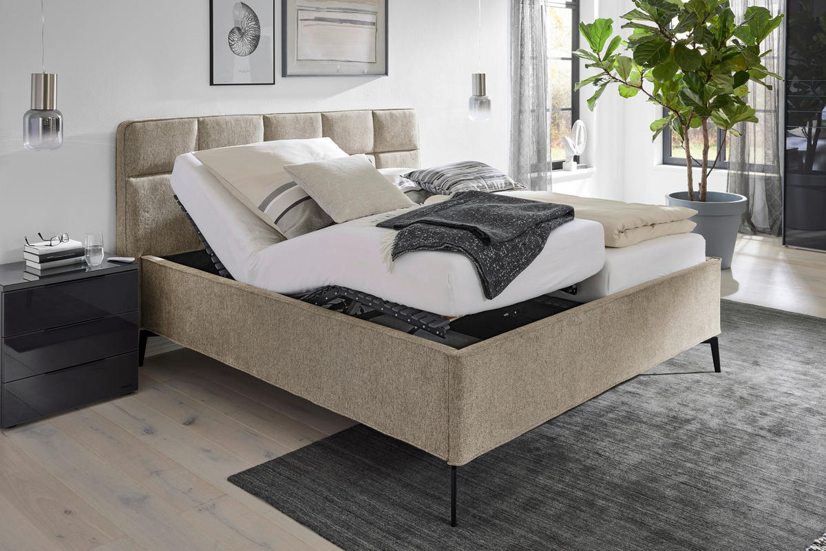 POLSTERBETT 180/200 cm,  in Creme, Bettkasten, motorische Verstellbarkeit, Fernbedienung, Lattenroste, Matratzen, H2 + H3 = mittel + fest  - Creme/Schwarz, KONVENTIONELL, Holz/Textil (180/200cm) - Musterring