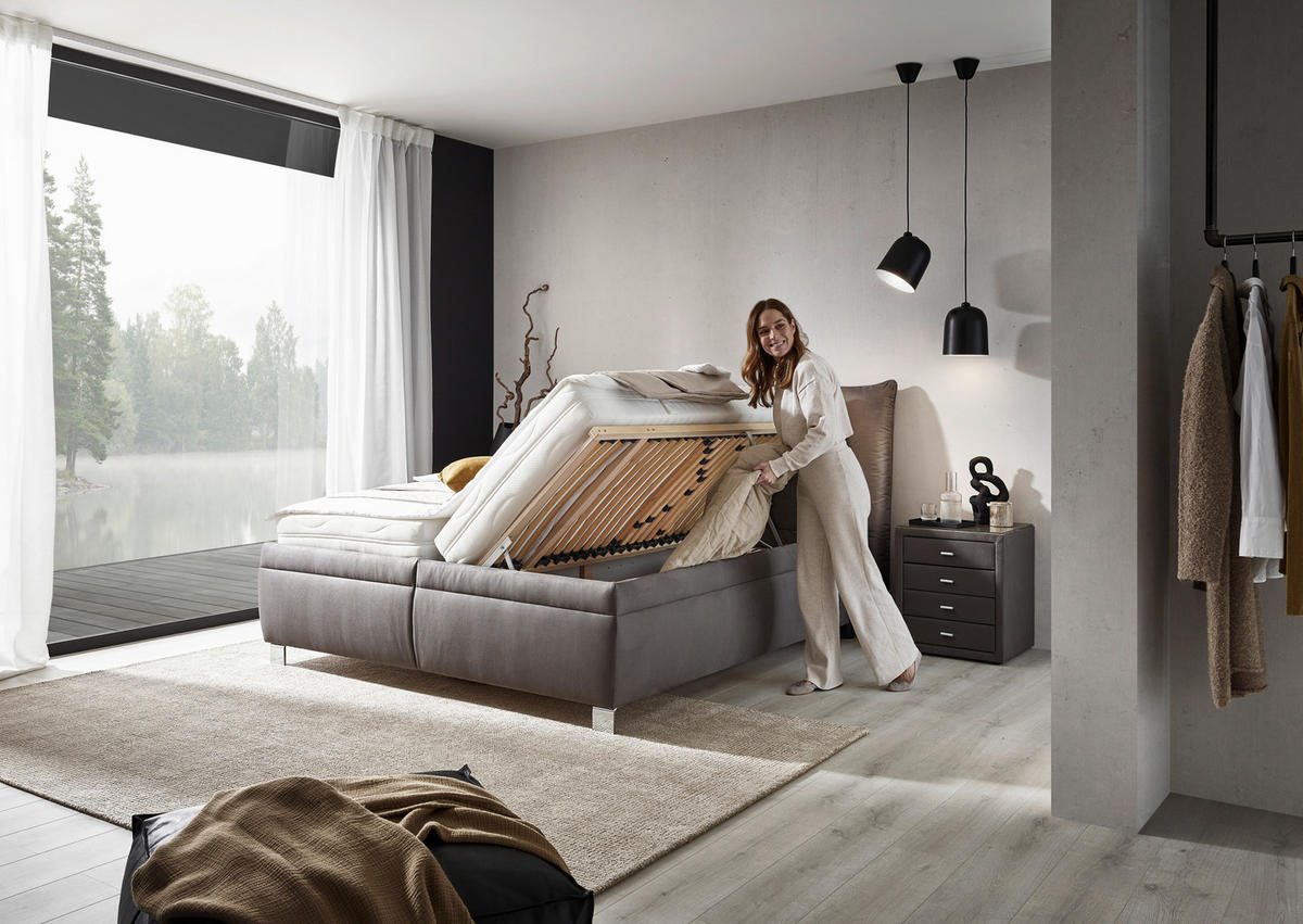 KÁRPITOZOTT ÁGY 180/200 cm  szürke  - nyírfa színű/fehér, Konventionell, textil/fa (180/200cm) - Dieter Knoll