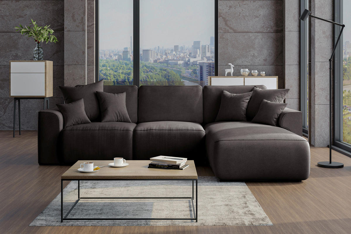 ECKSOFA Dunkelbraun Lederlook Zierkissen, Rückenkissen, Bettkasten, Schlaffunktion, Rücken echt, Liegefläche im Originalstoff  - Chromfarben/Dunkelbraun, KONVENTIONELL, Kunststoff/Textil (293/195cm) - Carryhome