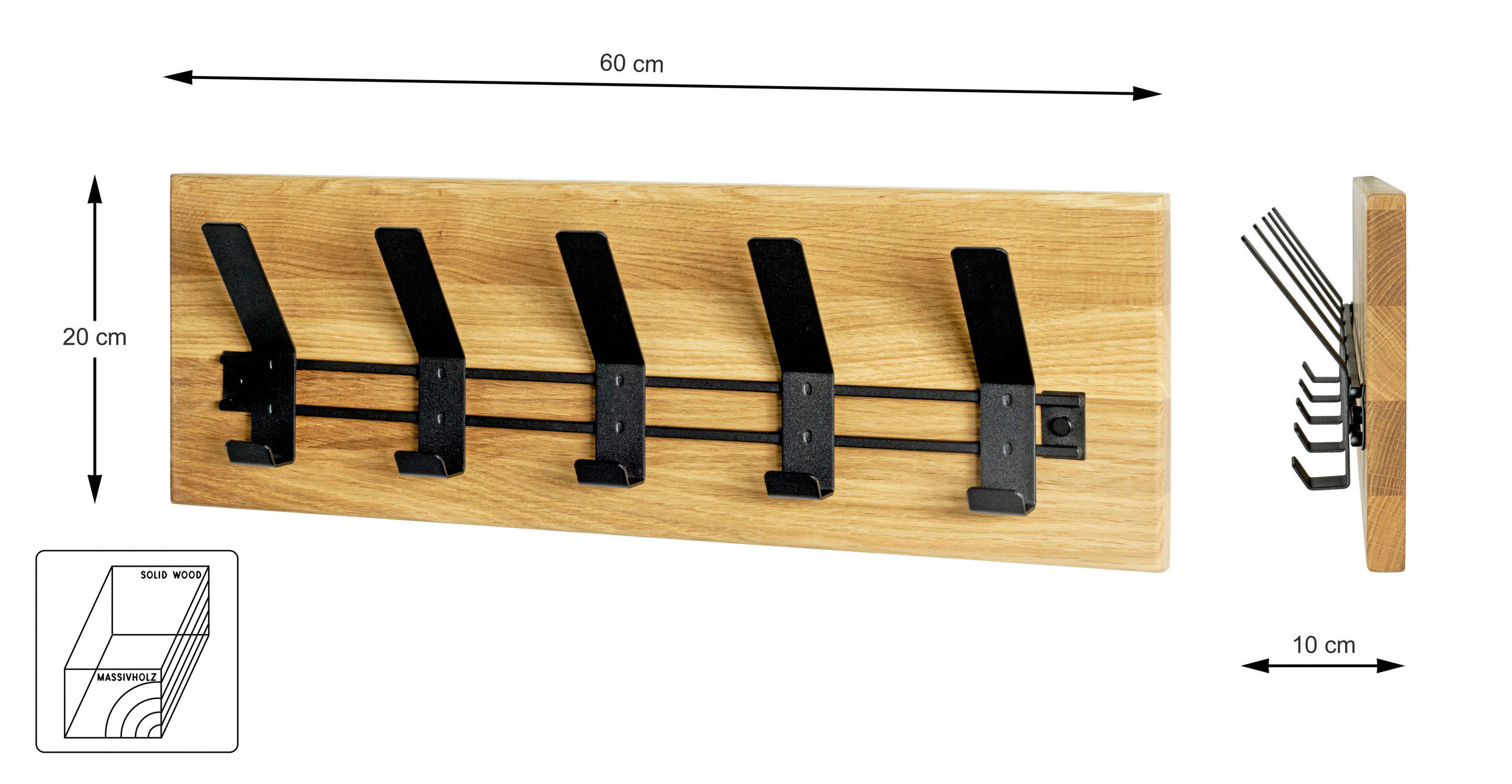 Thumbnail - Wandgarderobe, Schwarz, Eiche, Holz, Metall, Eiche, massiv, 60x20x10 cm, Garderobe, Garderobenleisten & Garderobenhaken