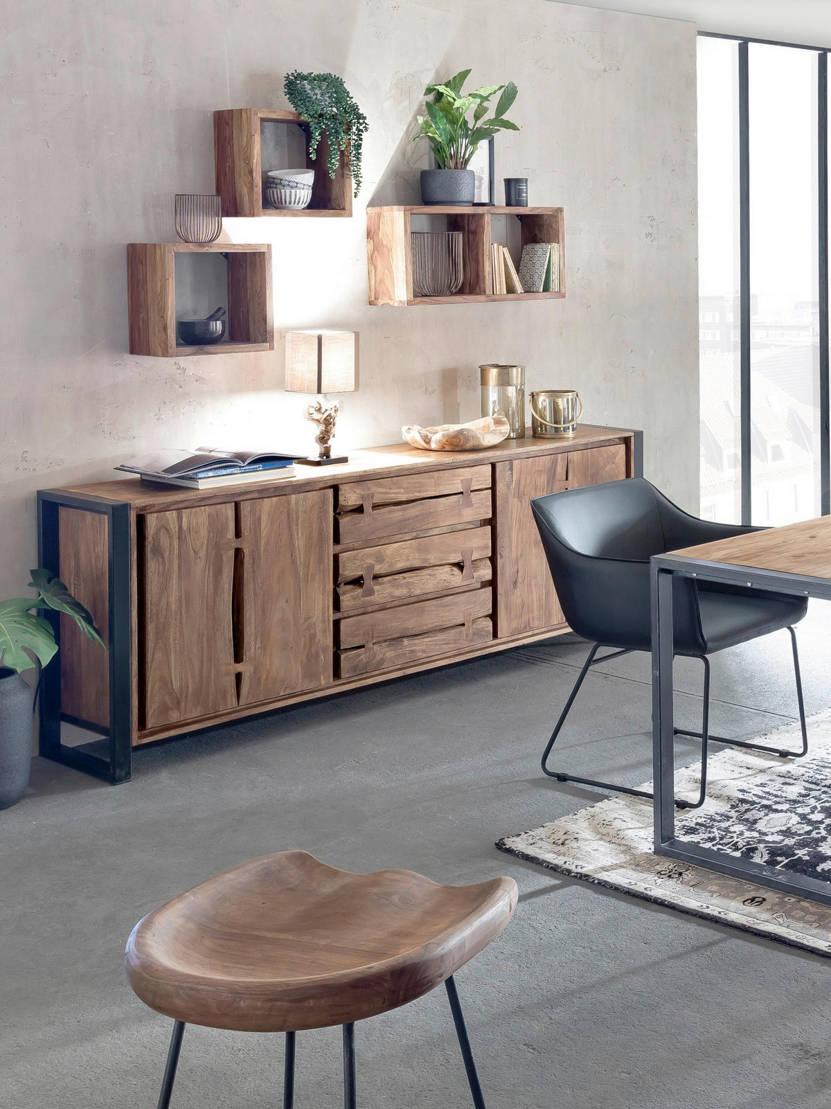 SIDEBOARD  200/80/40 cm 3 Schublade(n)  - Schwarz/Naturfarben, Design, Holz/Metall (200/80/40cm) - MID.YOU
