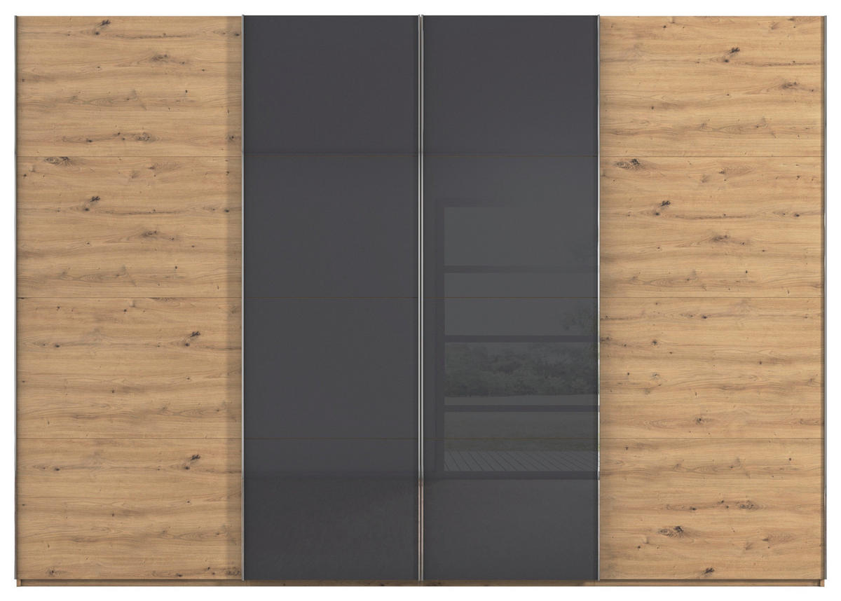 SCHWEBETÜRENSCHRANK 316/235/68 cm 4-türig Schwarz, Eiche Artisan  - Chromfarben/Schwarz, KONVENTIONELL, Glas/Holzwerkstoff (316/235/68cm) - Novel