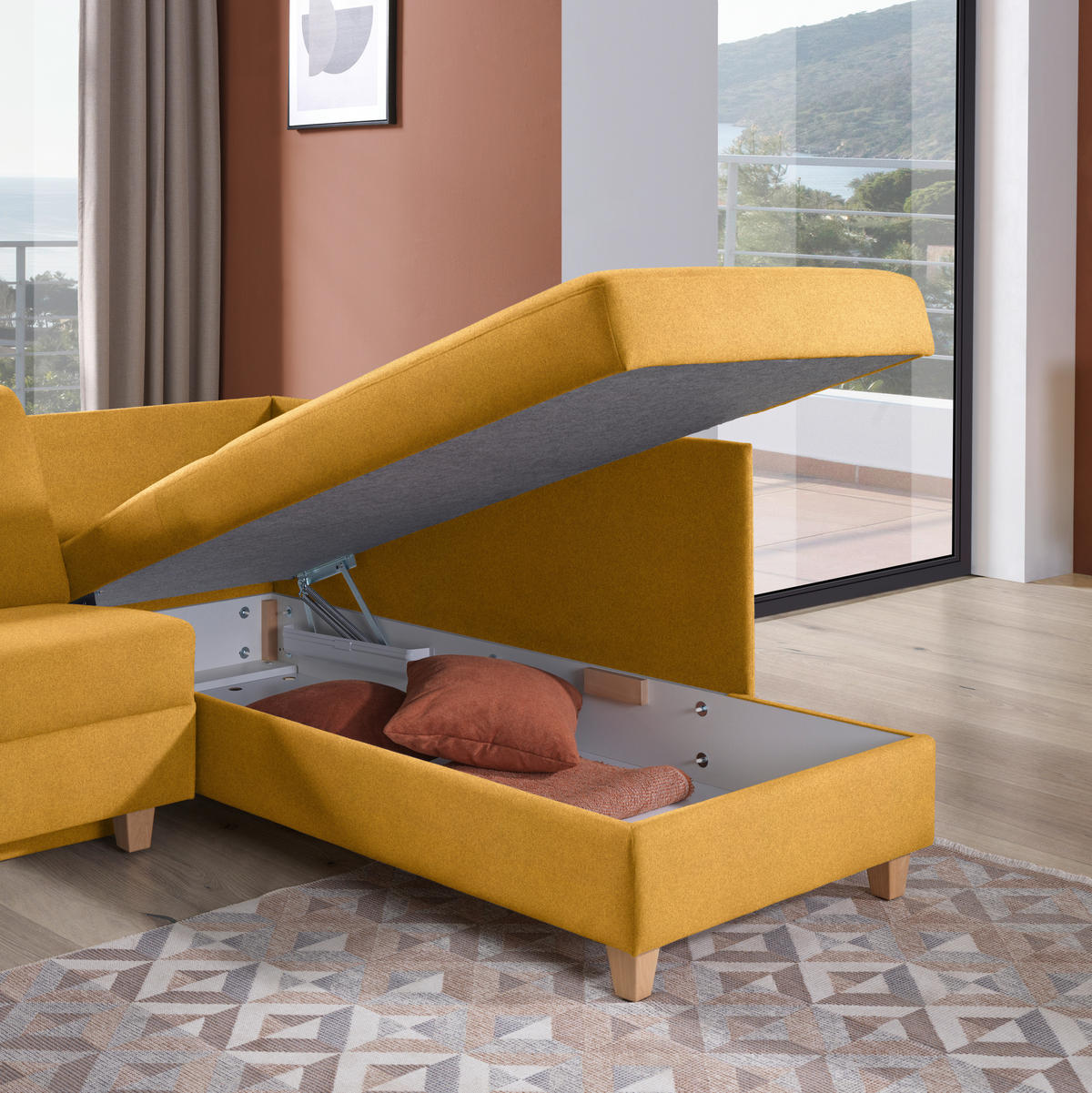ECKSOFA in Flachgewebe Senfgelb  261/203 cm  - Eichefarben/Senfgelb, KONVENTIONELL, Holz/Textil (261/203cm) - Sedda
