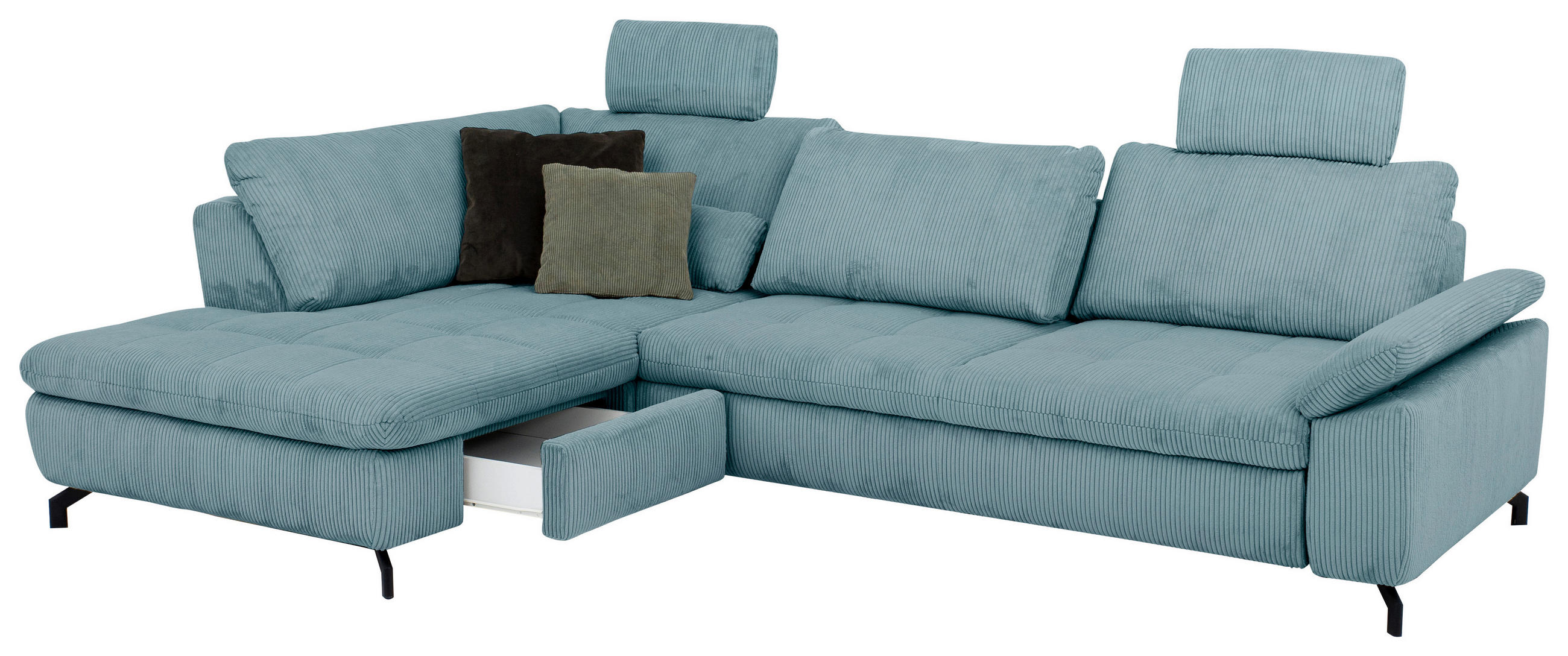 ECKSOFA in Cord, Velours Hellblau  - Schwarz/Hellblau, Design, Textil/Metall (197/291cm) - Beldomo Style