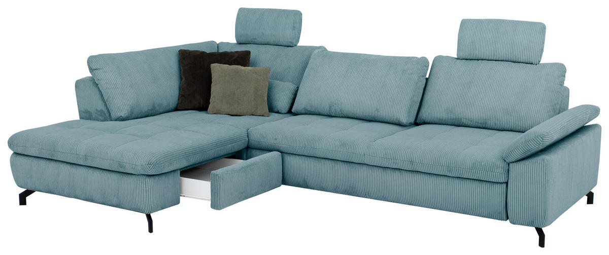 ECKSOFA in Cord, Velours Hellblau  - Schwarz/Hellblau, Design, Textil/Metall (197/291cm) - Beldomo Style