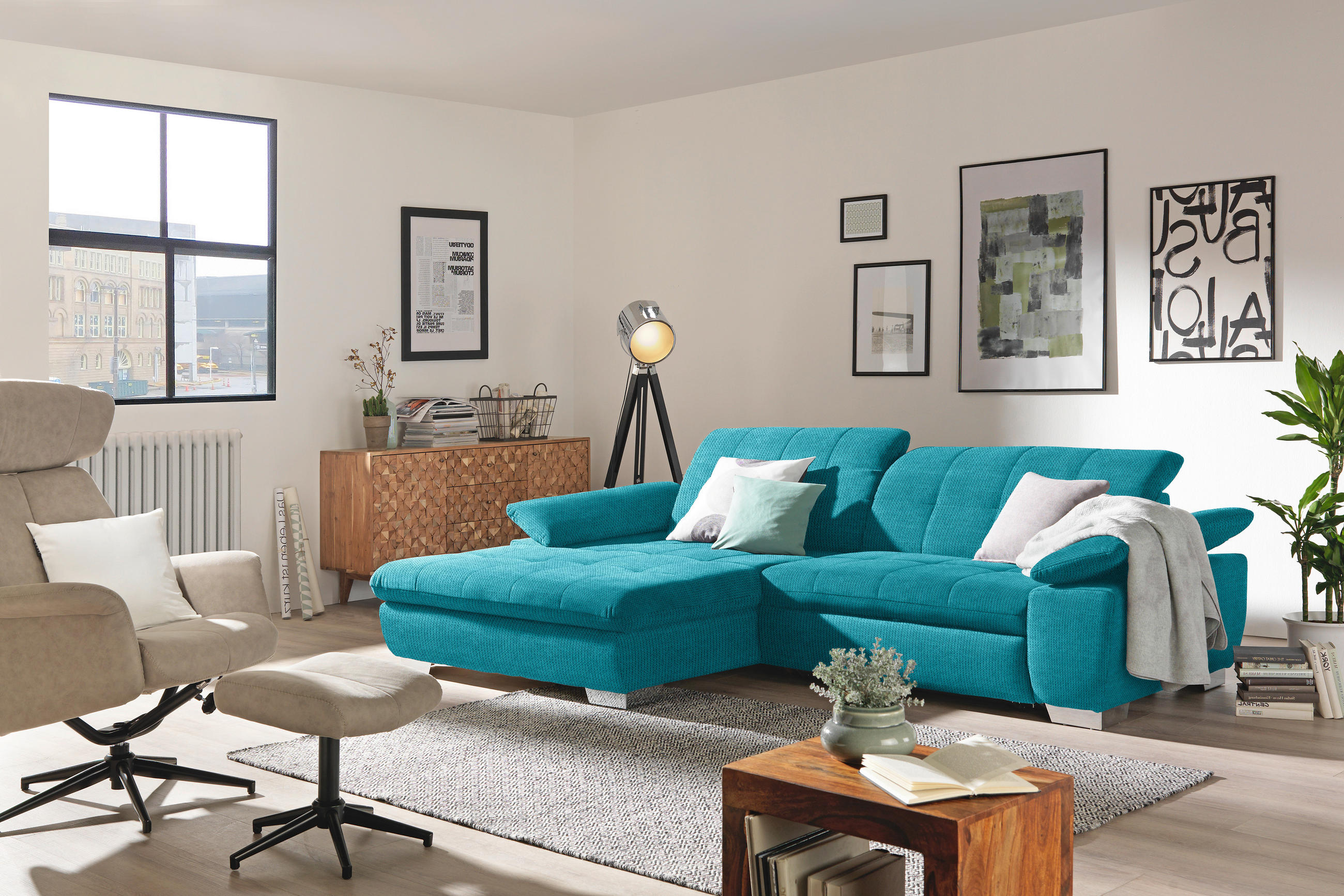 ECKSOFA in Mikrofaser Türkis  - Türkis/Chromfarben, Design, Textil/Metall (180/265cm) - Carryhome