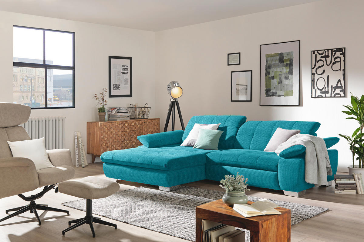 ECKSOFA Mikrofaser Türkis  - Türkis/Chromfarben, Design, Textil/Metall (180/265cm) - Carryhome
