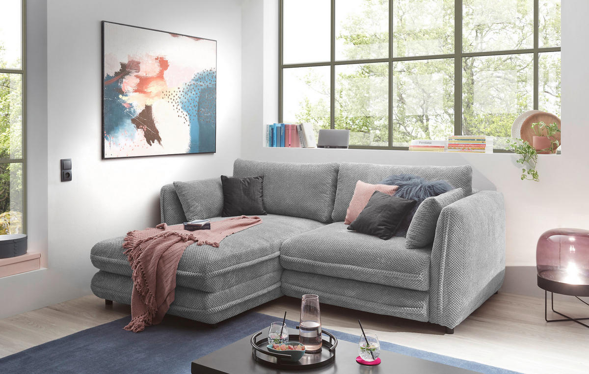 ECKSOFA in Mikrovelours Grau  - Schwarz/Grau, Konventionell, Kunststoff/Textil (240/192cm) - MID.YOU