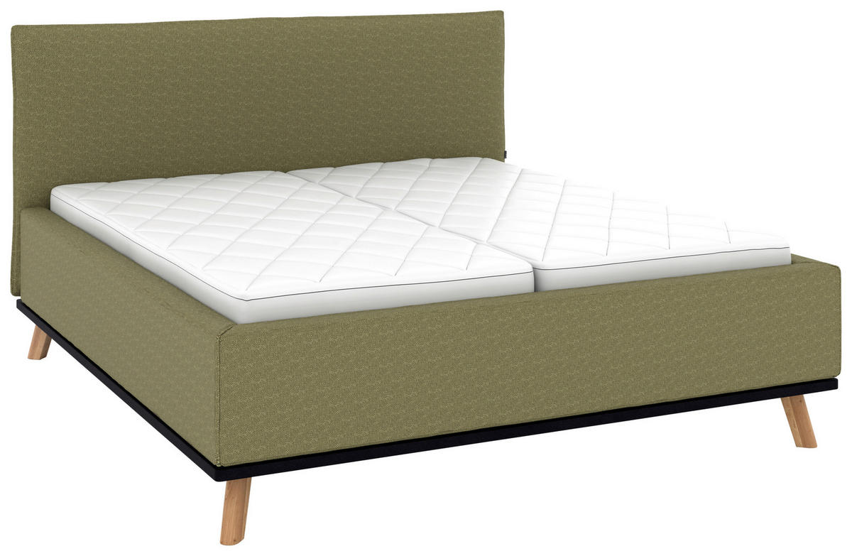 POLSTERBETT 180/200 cm,  in Olivgrün, Matratze, Lattenrost, Bettkasten, H2 + H3 = mittel + fest  - Eichefarben/Weiß, Design, Holz/Textil (180/200cm) - Musterring