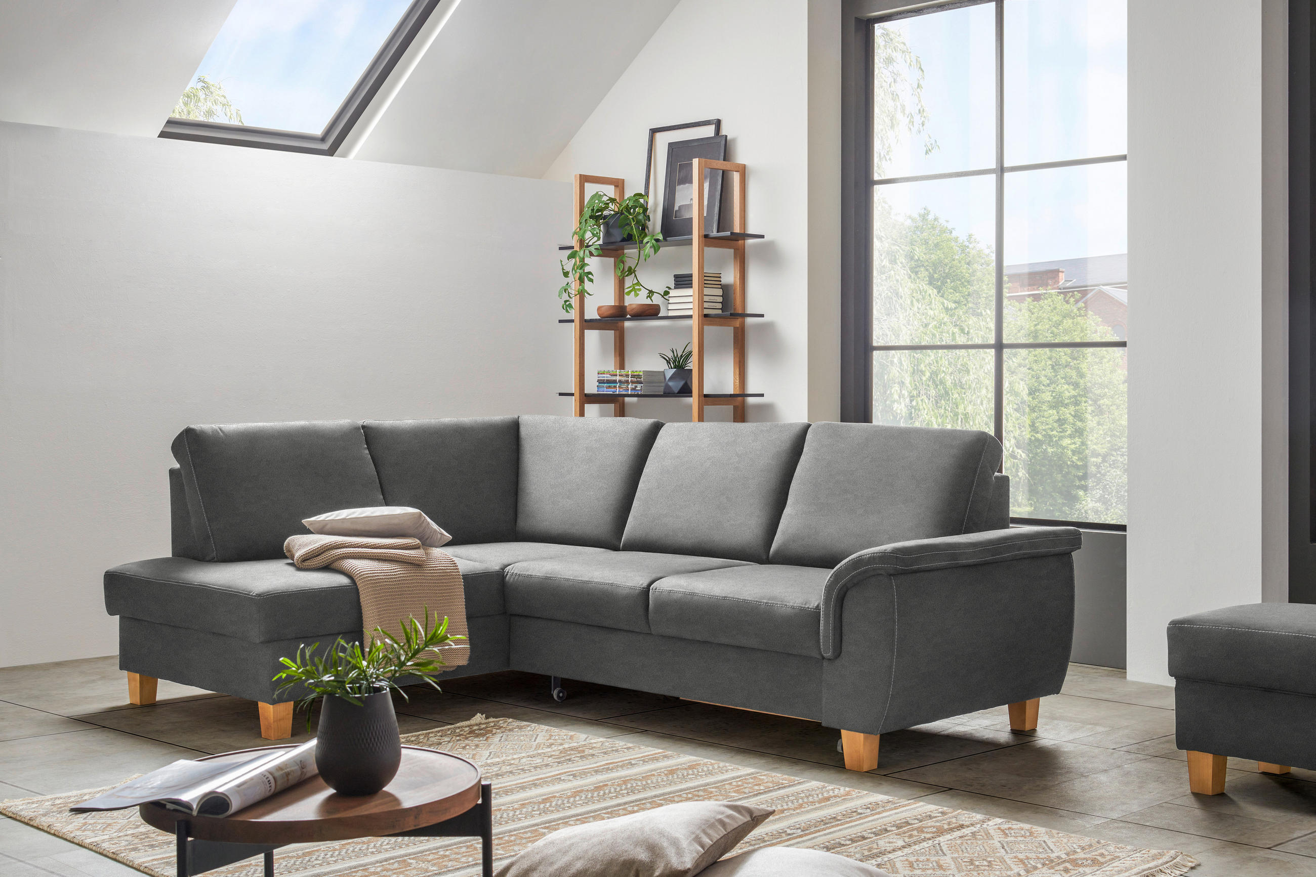 ECKSOFA in Flachgewebe Grau  - Eichefarben/Grau, Design, Holz/Textil (185/253cm) - Cantus