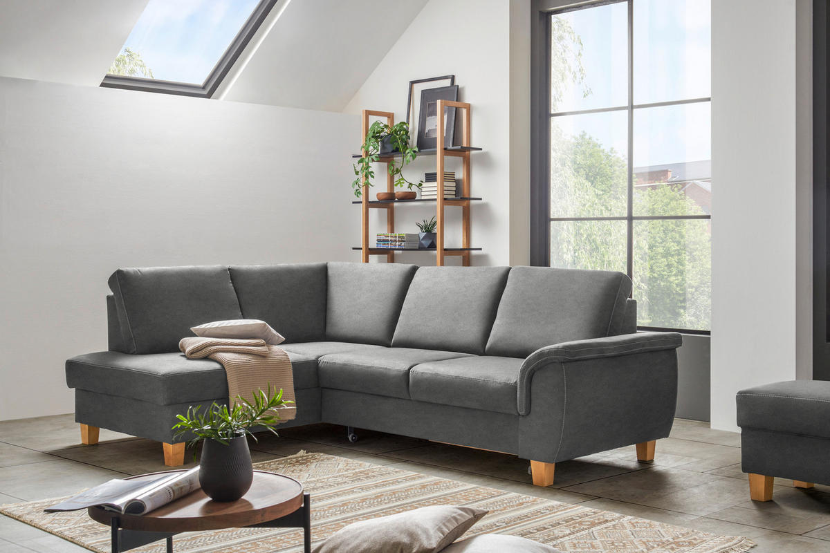 ECKSOFA in Flachgewebe Grau  - Eichefarben/Grau, Design, Holz/Textil (185/253cm) - Cantus