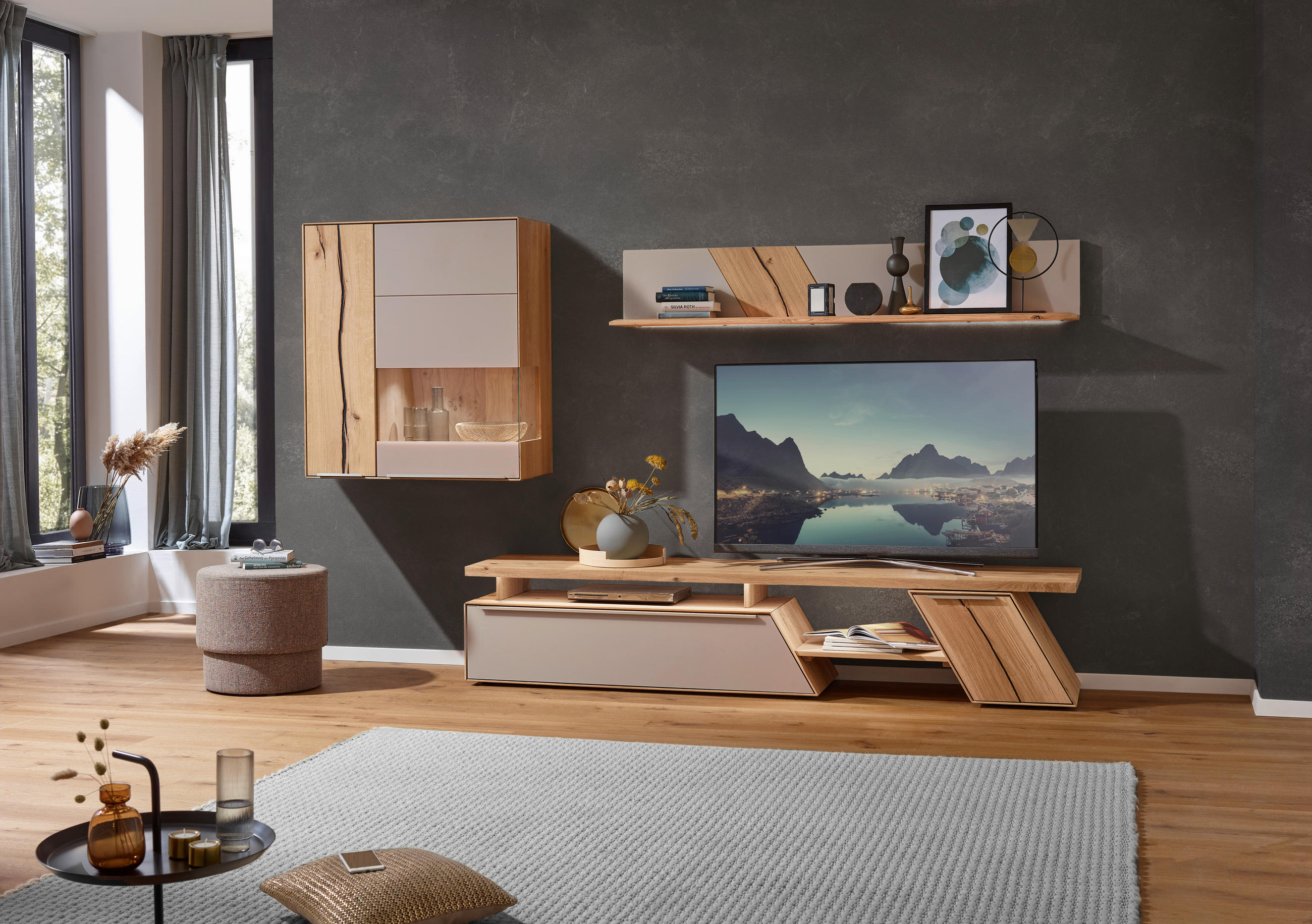 WOHNWAND  in Eichefarben, Hellbraun  304/190/54 cm  - Hellbraun/Edelstahlfarben, Natur, Glas/Holz (304/190/54cm) - Valnatura