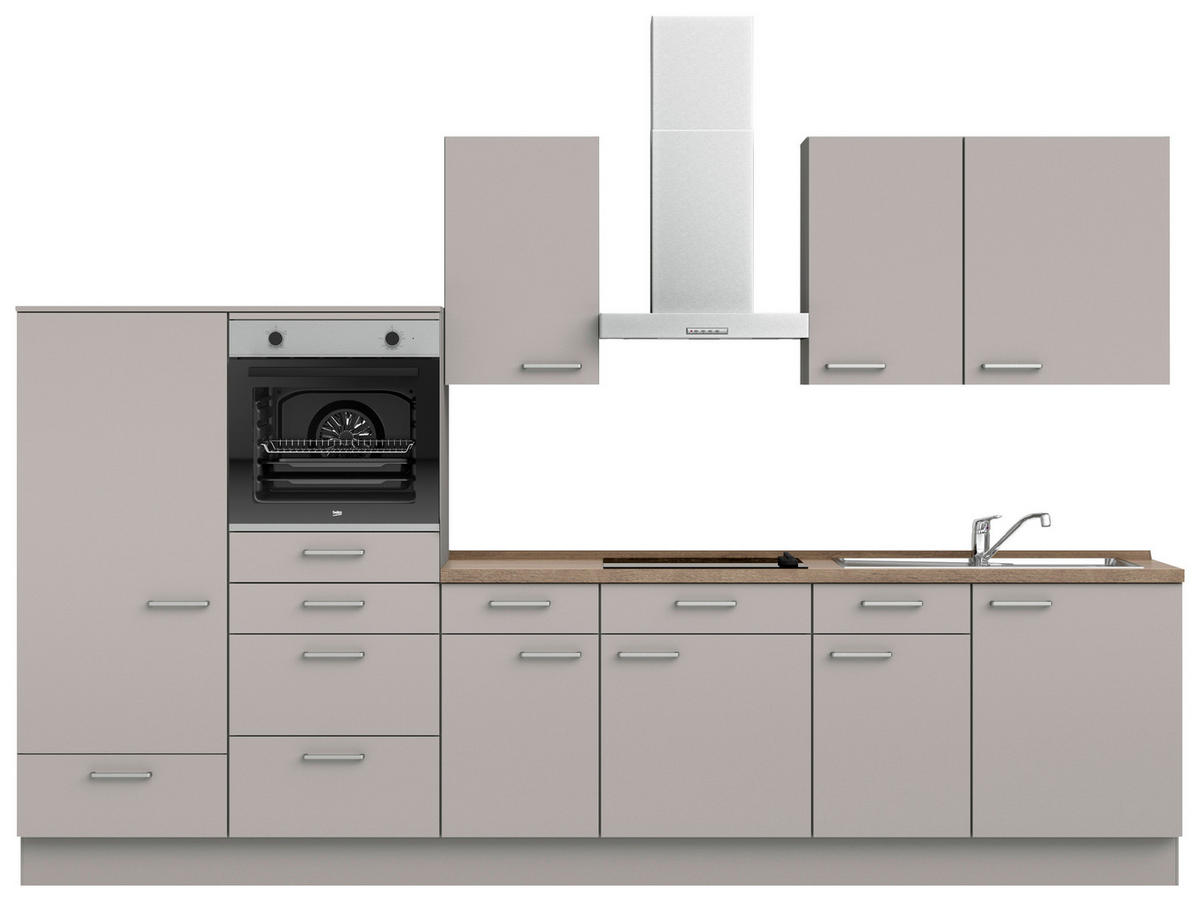 KÜCHENBLOCK 330 cm   in Grau, Eiche dunkel  - Eiche dunkel/Edelstahlfarben, MODERN, Holzwerkstoff/Metall (330cm) - Nobilia