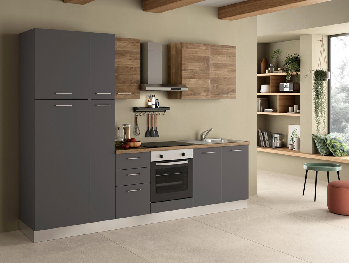 KÜCHENBLOCK 285 cm   in Grau, Walnussfarben  - Walnussfarben/Alufarben, LIFESTYLE, Holzwerkstoff/Kunststoff (285cm) - MID.YOU