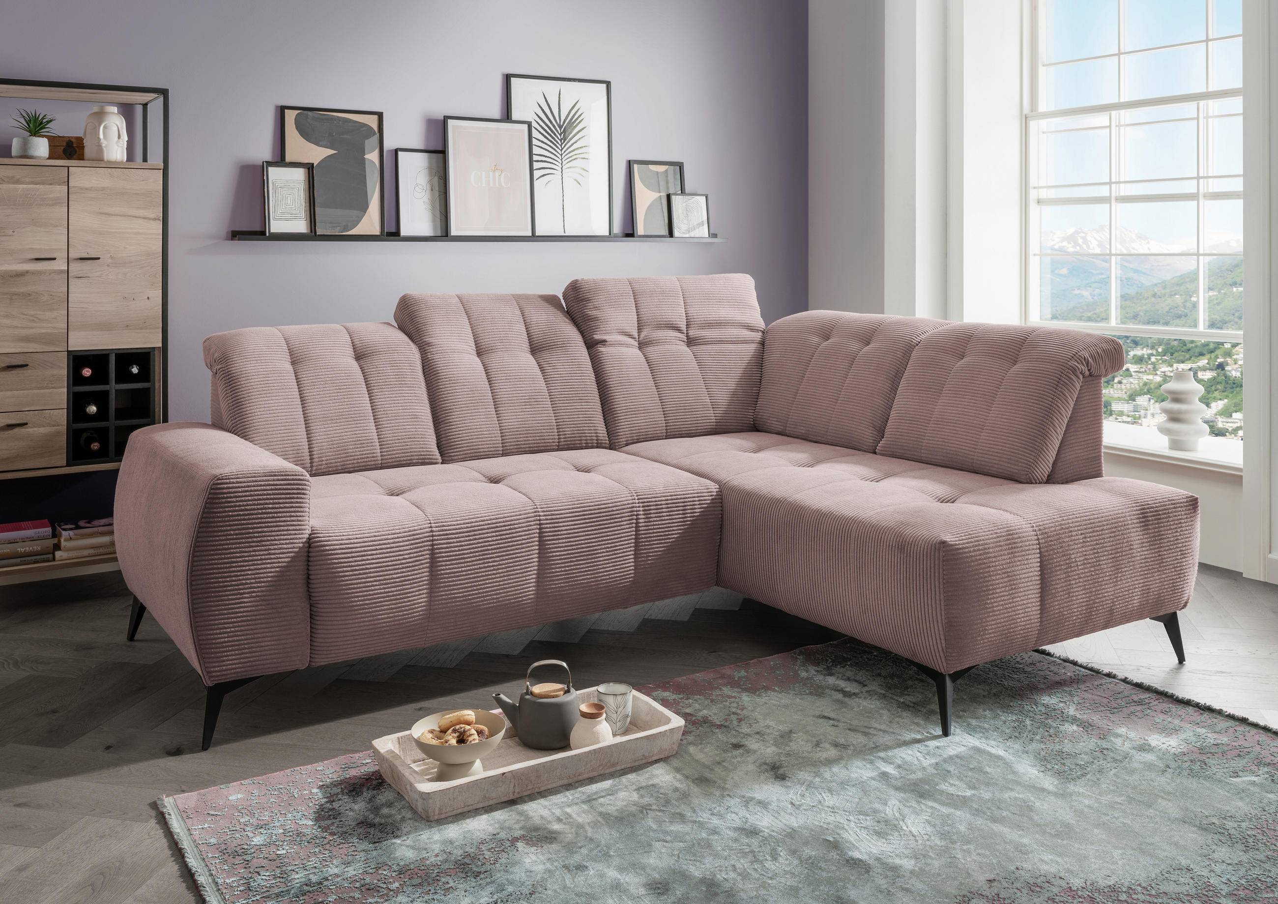 ECKSOFA in Cord Rosa  - Schwarz/Rosa, Modern, Textil/Metall (261/200cm) - Livetastic