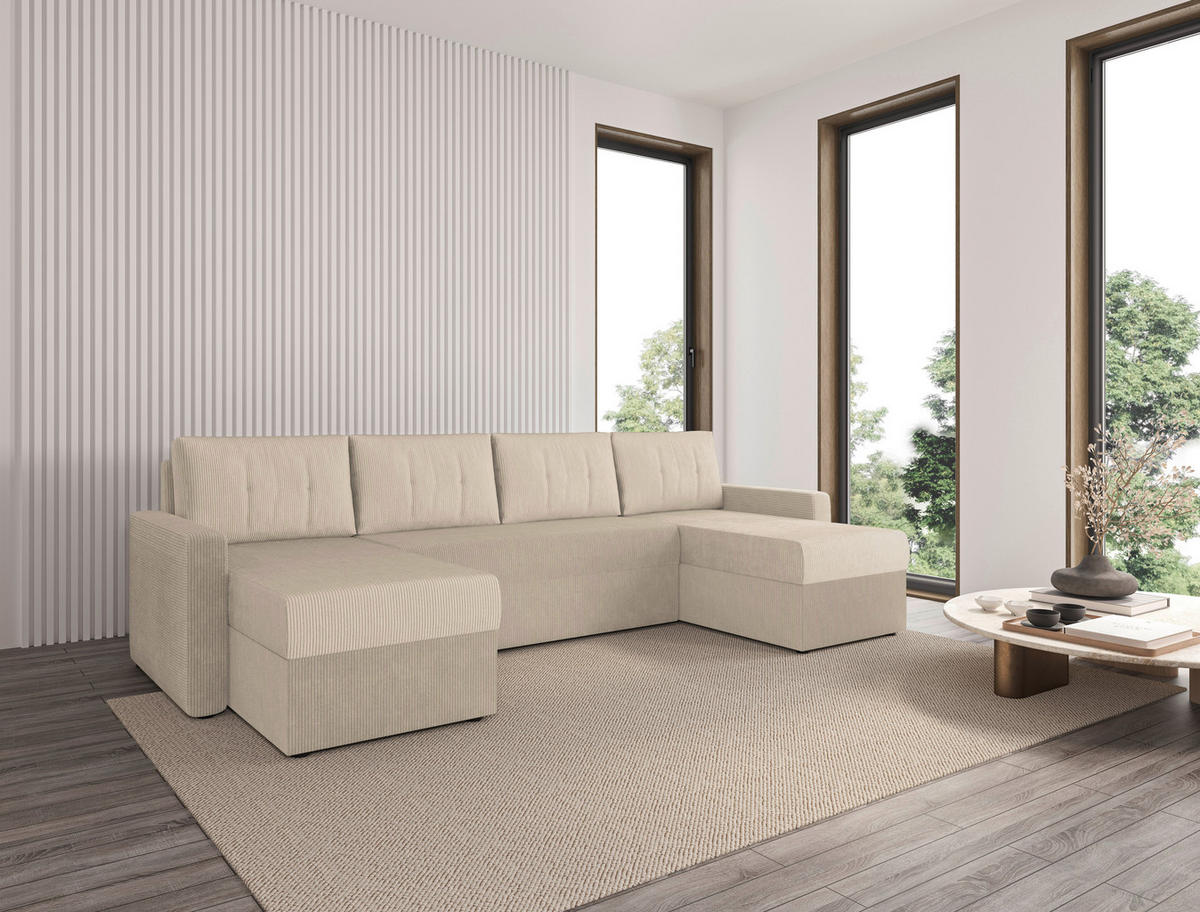 WOHNLANDSCHAFT Elfenbein Cord  - Elfenbein/Schwarz, KONVENTIONELL, Kunststoff/Textil (152/290/152cm) - Ti'me