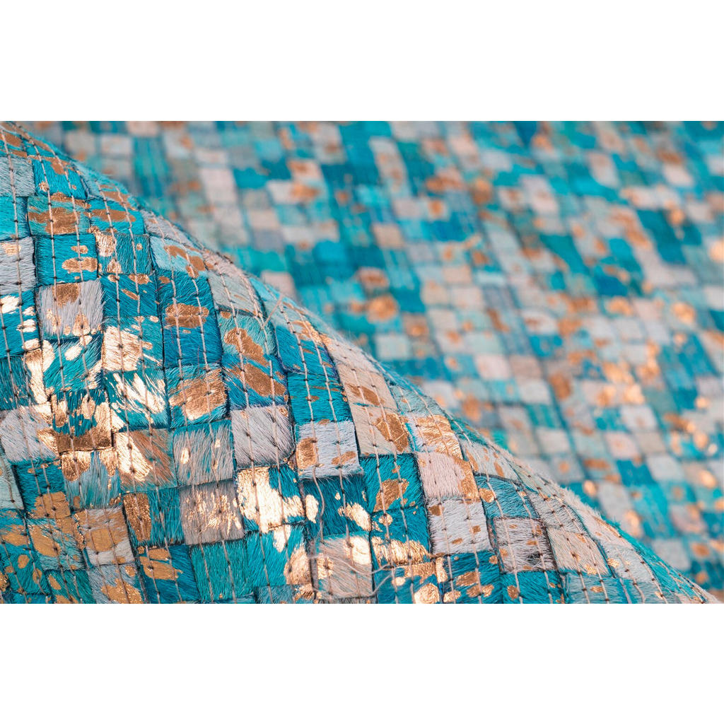 Thumbnail - Novel Flachwebeteppich Finish 125 Türkis / Gold, Türkis, Gold, Leder, Echtleder, Rindleder, Patchwork, rechteckig, 160x2...