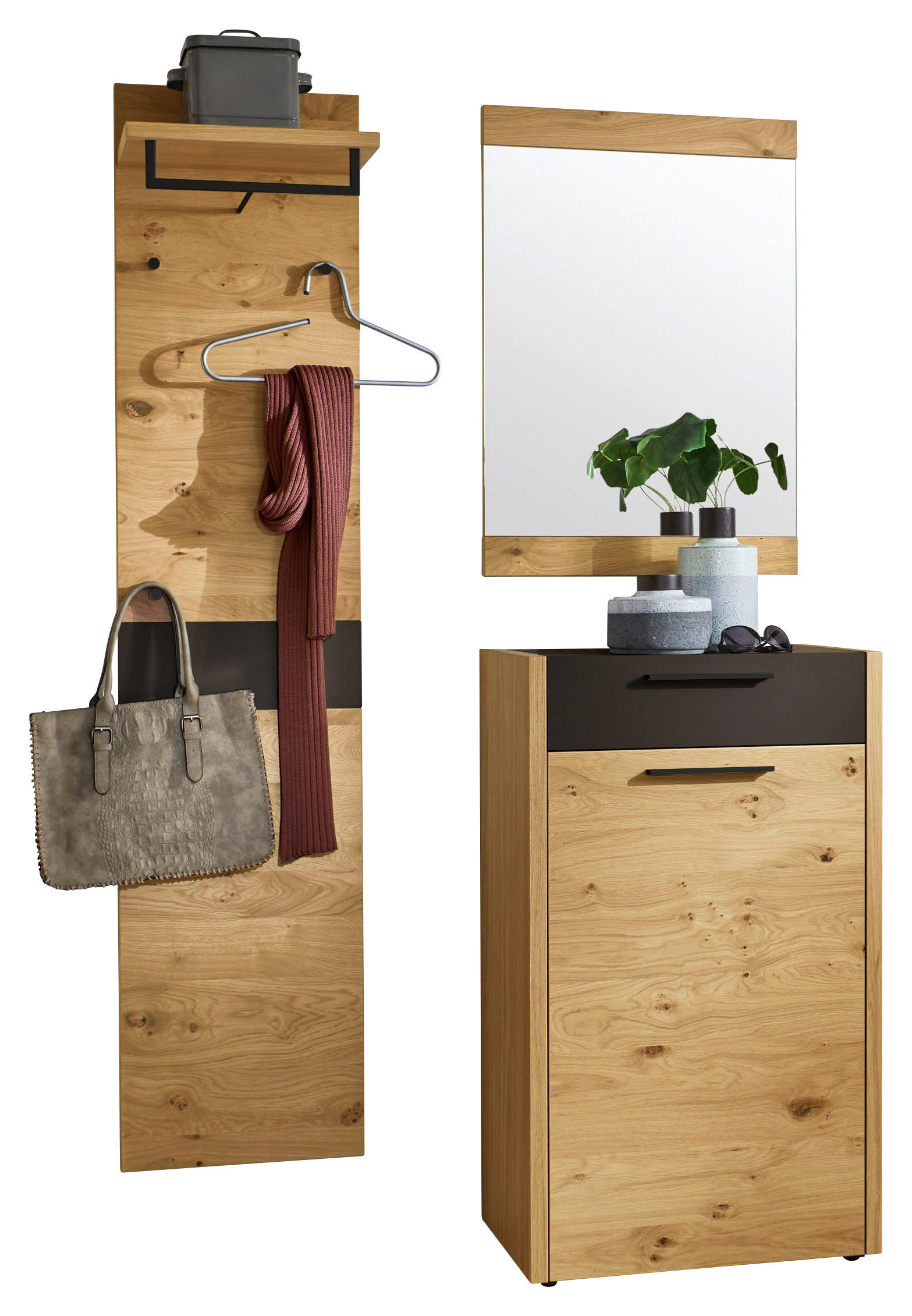 GARDEROBE 3-teilig  in 115/195/37 cm  - Eichefarben/Schwarz, Design, Glas/Holz (115/195/37cm)
