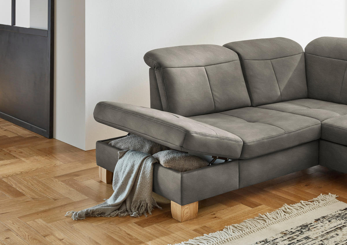 WOHNLANDSCHAFT Schlammfarben Mikrofaser  - Wildeiche/Schlammfarben, KONVENTIONELL, Holz/Textil (243/343/185cm) - Voleo