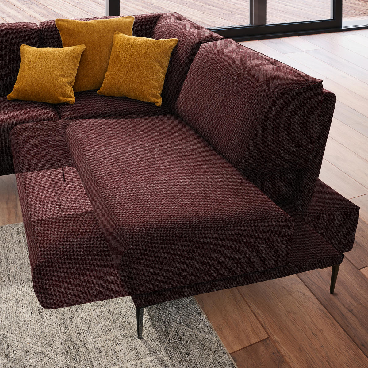 ECKSOFA in Flachgewebe Weinrot  - Weinrot/Schwarz, Design, Textil/Metall (260/210cm) - Johann Jakob
