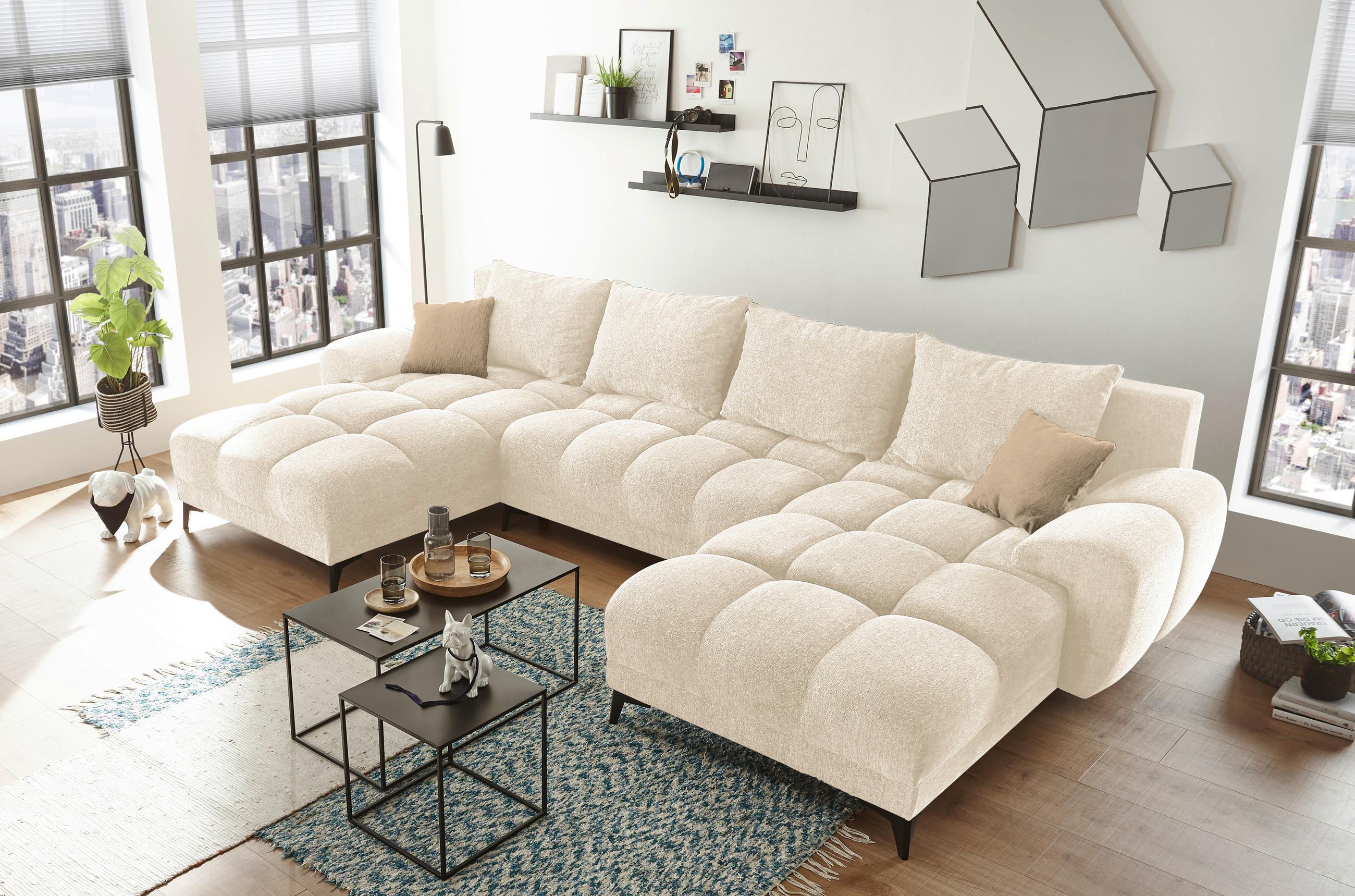 WOHNLANDSCHAFT in Teddystoff Beige - Beige/Schwarz, Design, Kunststoff/Textil (185/360/185cm) - MID.YOU