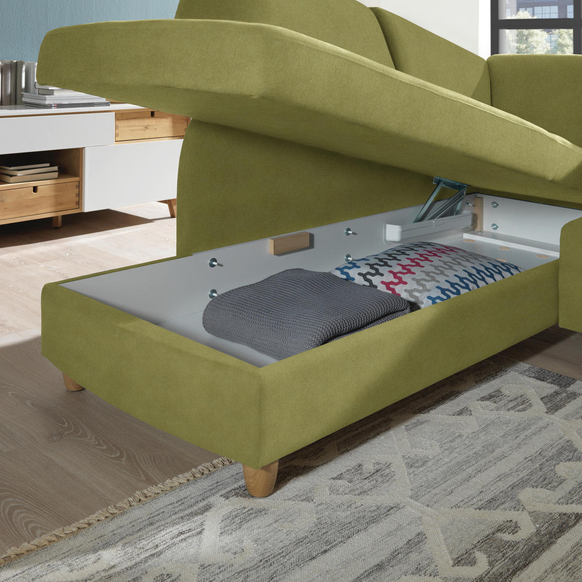 ECKSOFA in Flachgewebe Limette  208/227 cm  - Eichefarben/Limette, KONVENTIONELL, Holz/Textil (208/227cm) - Sedda