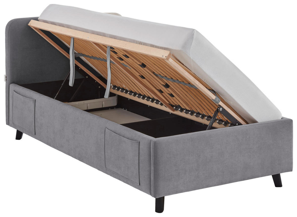 POLSTERBETT 90/200 cm,  in Grau, Schwarz, Lattenrost, Bettkasten, Betttasche,  - Birkefarben/Buchefarben, KONVENTIONELL, Holz/Textil (90/200cm) - Boxxx
