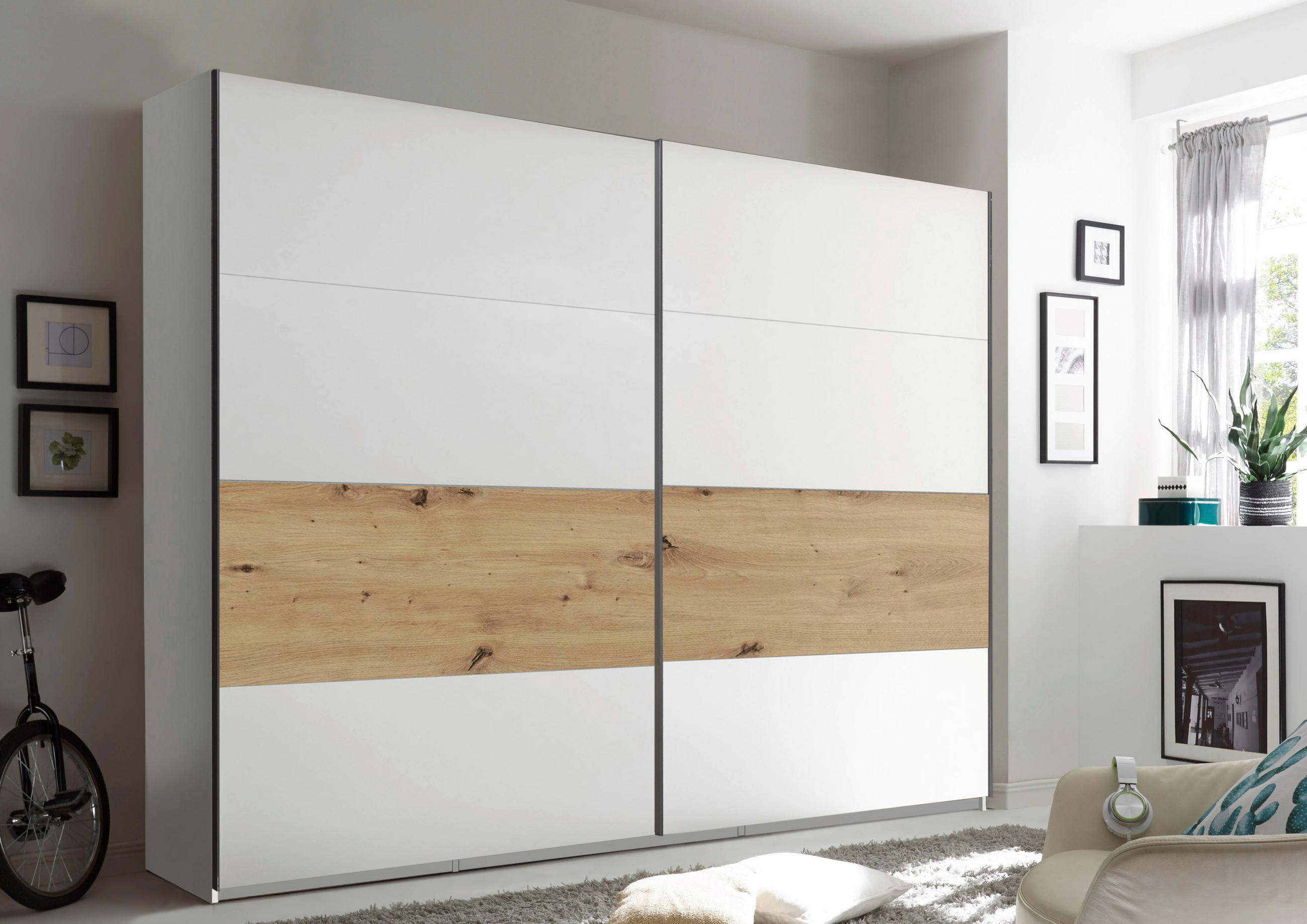 SCHWEBETÜRENSCHRANK 240/225/64 cm 2-türig Weiß, Dunkelgrau, Eiche Artisan  - Chromfarben/Dunkelgrau, KONVENTIONELL, Holzwerkstoff/Metall (240/225/64cm) - Xora
