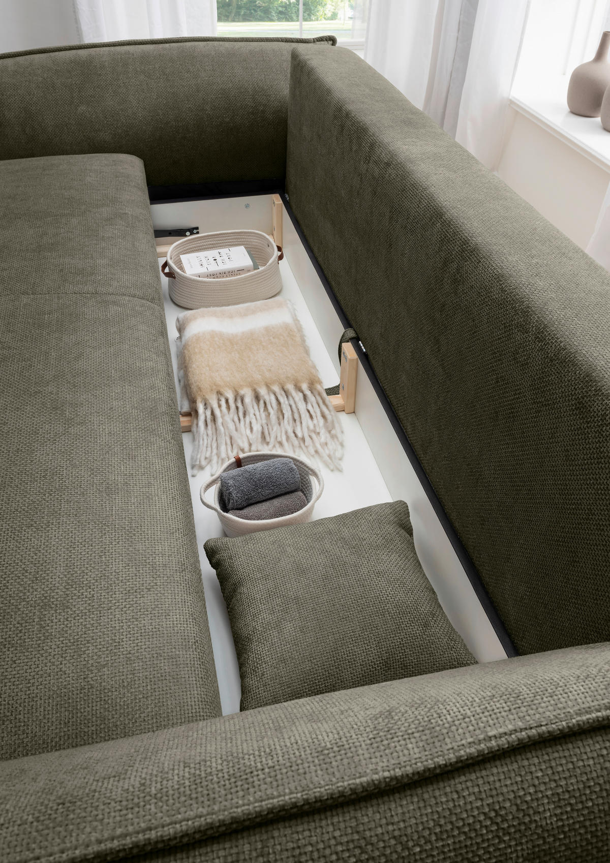 BIGSOFA Mikrofaser Olivgrün  - Chromfarben/Olivgrün, Basics, Kunststoff/Textil (242/71/90/131cm) - Livetastic