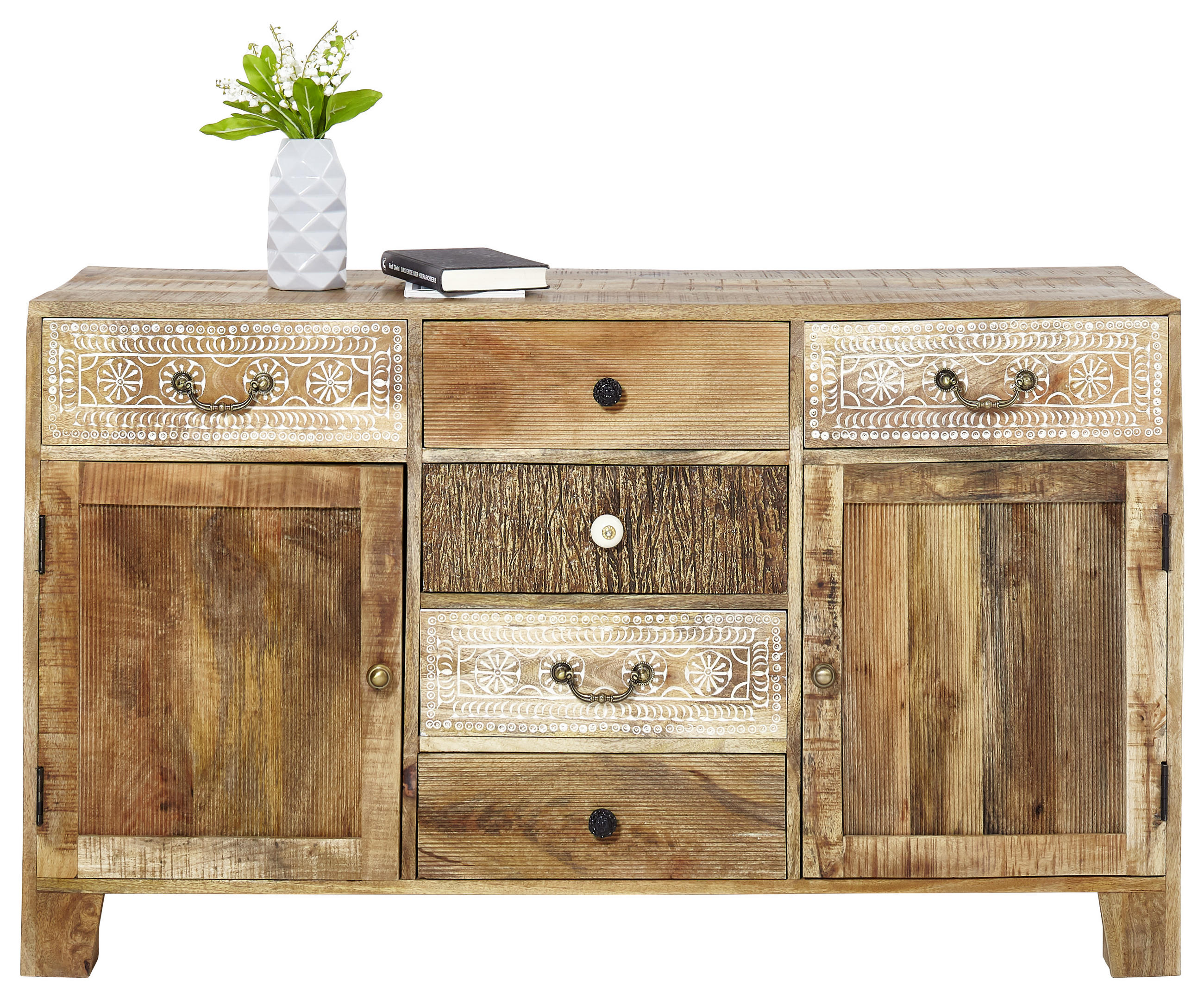 SIDEBOARD Akazie, Mangoholz massiv Naturfarben - Dunkelbraun/Messingfarben, Design, Holz/Metall (140/80/44cm)