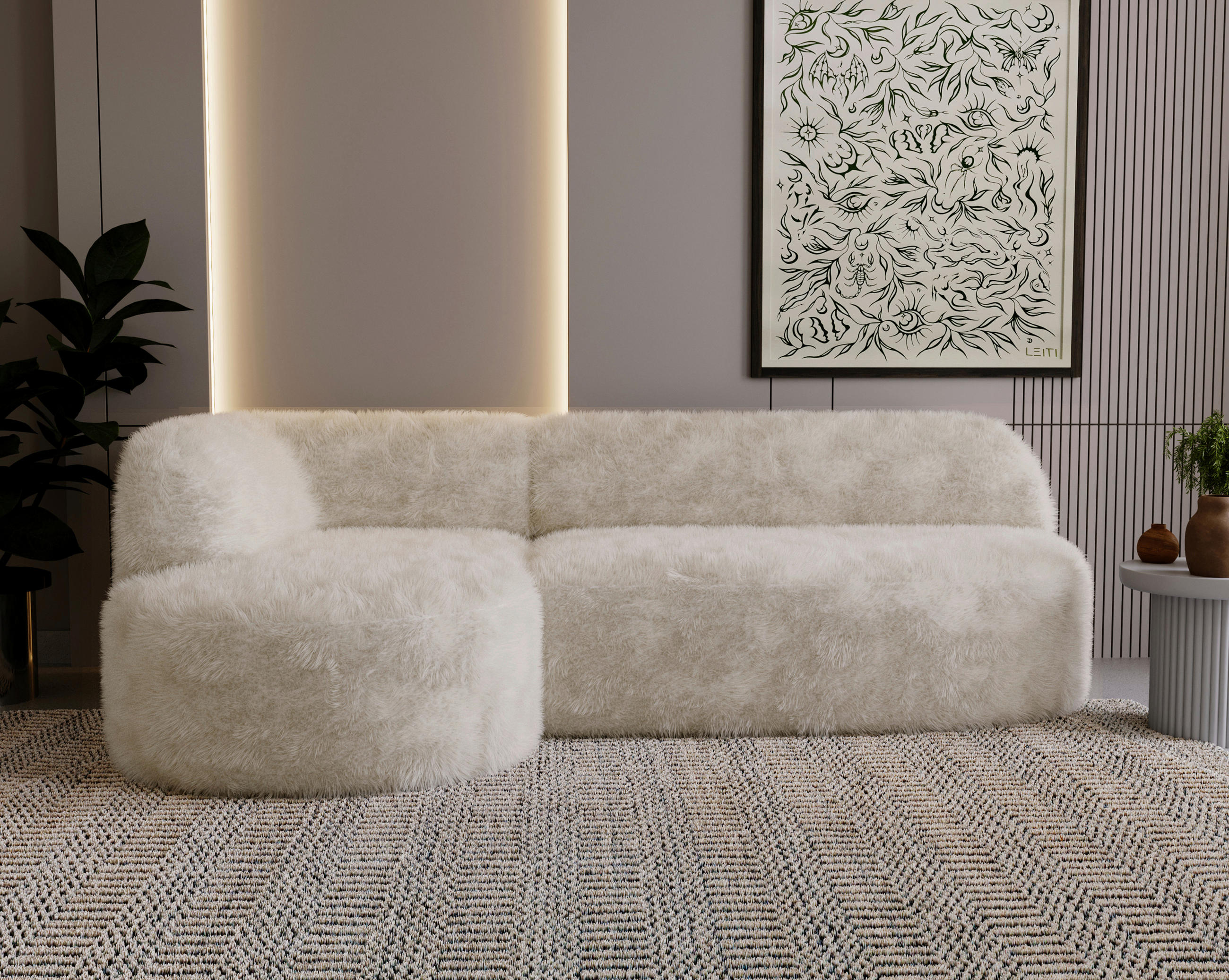 ECKSOFA Teddystoff Beige  - Beige/Schwarz, Design, Kunststoff/Textil (218/156cm) - Livetastic