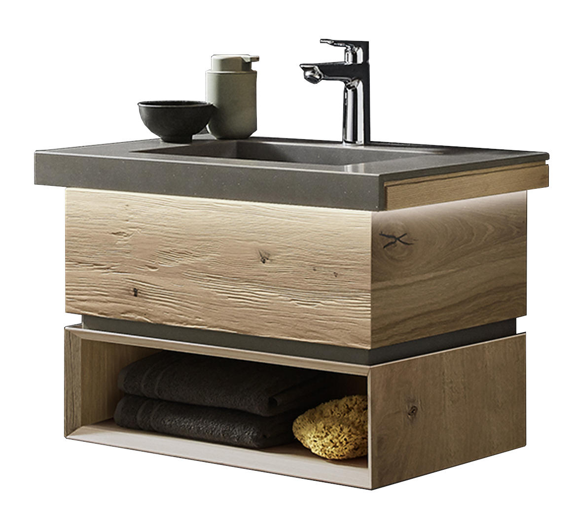 WASCHTISCHKOMBI 62 cm  - Eichefarben/Silberfarben, MODERN, Holz/Stein (62cm) - Valdera