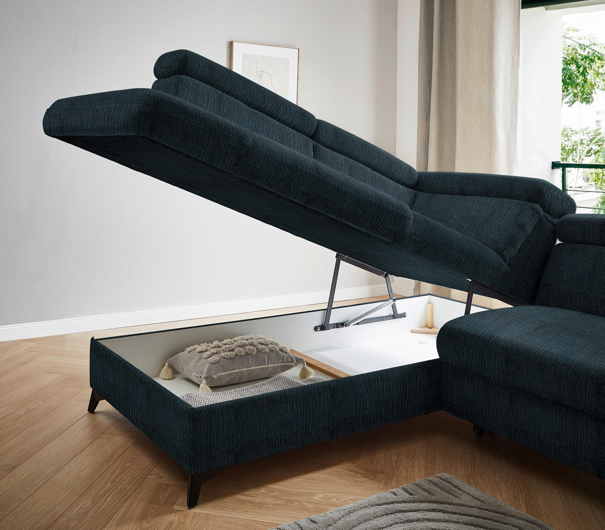 ECKSOFA in Flachgewebe Dunkelblau  - Schwarz/Dunkelblau, Design, Textil/Metall (203/260cm) - Stylife