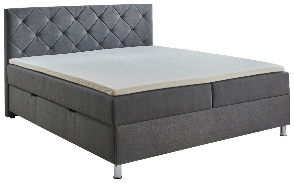 BOXBETT 180/200 cm,  in Anthrazit, Matratze, gepolstertes Kopfteil, Bettkasten, Topper,  - Chromfarben/Anthrazit, Basics, Textil/Metall (180/200cm) - Xora