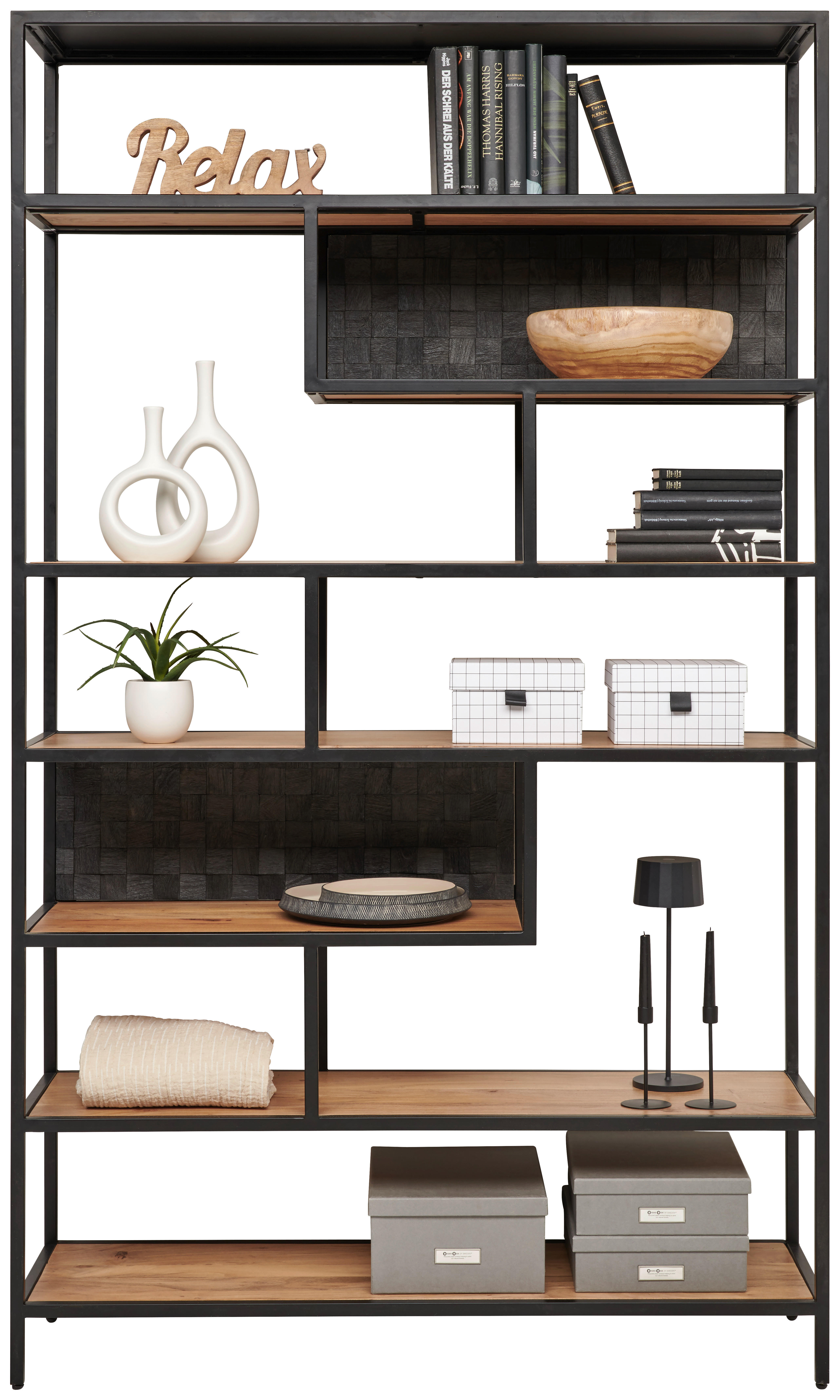 REGAL  120/201/38 cm Schwarz, Akaziefarben  - Schwarz/Akaziefarben, Design, Holz/Metall (120/201/38cm) - Ambia Home