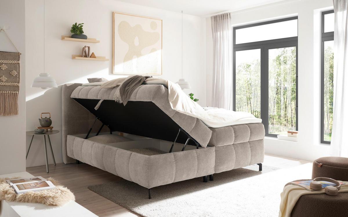 BOXBETT 180/200 cm,  in Creme, Bettkasten, Topper, Matratzen, H2 = mittel  - Creme/Schwarz, KONVENTIONELL, Kunststoff/Textil (180/200cm) - Hom`in