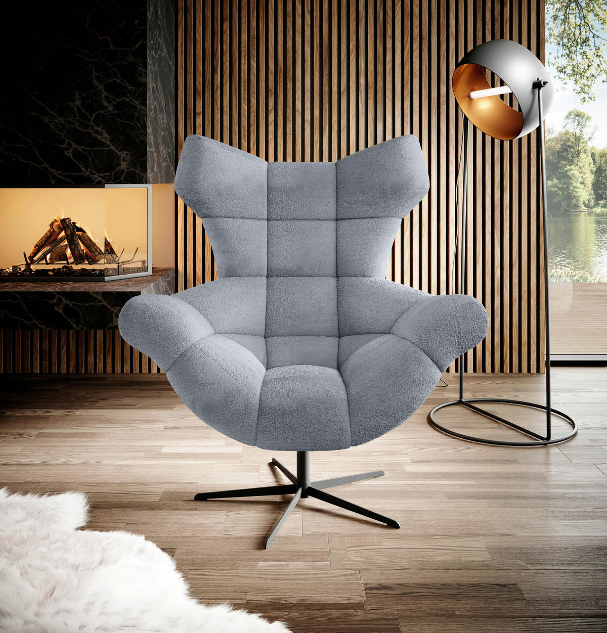 OHRENSESSEL in Chenille Graublau  - Graublau/Schwarz, Design, Textil/Metall (103/119/84cm) - Esposa