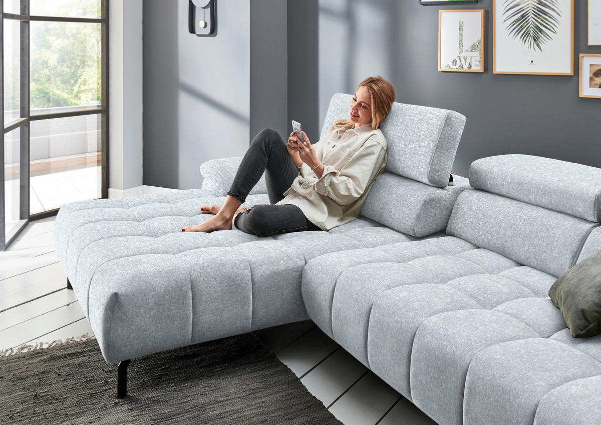 ECKSOFA in Chenille Hellgrau  190/329 cm  - Hellgrau/Schwarz, Design, Textil/Metall (190/329cm) - Beldomo Style