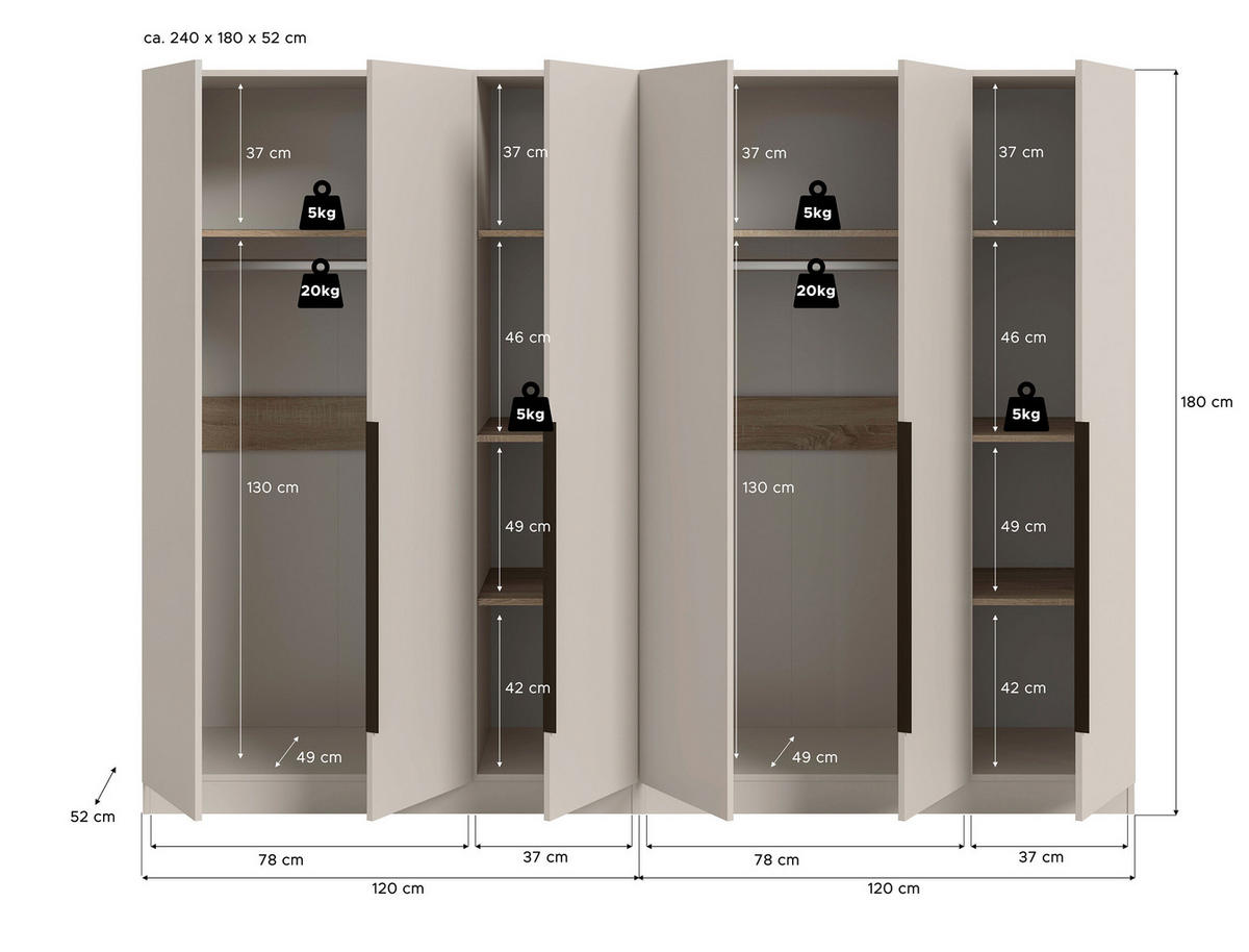 DREHTÜRENSCHRANK 240/181/52 cm,  in Kaschmir, 6-türig  - Kaschmir/Schwarz, MODERN, Holzwerkstoff/Kunststoff (240/181/52cm) - Livetastic
