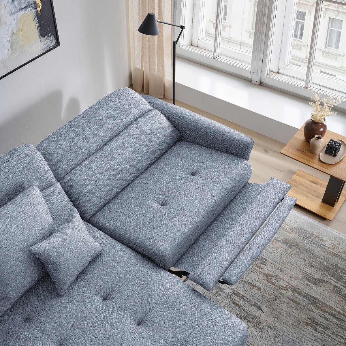 ECKSOFA MANTA in Flachgewebe Hellblau Bettkasten, Rücken echt, Relaxfunktion, Kopfteilverstellung  175/246 cm  - Schwarz/Hellblau, Design, Textil/Metall (175/246cm) - Celina