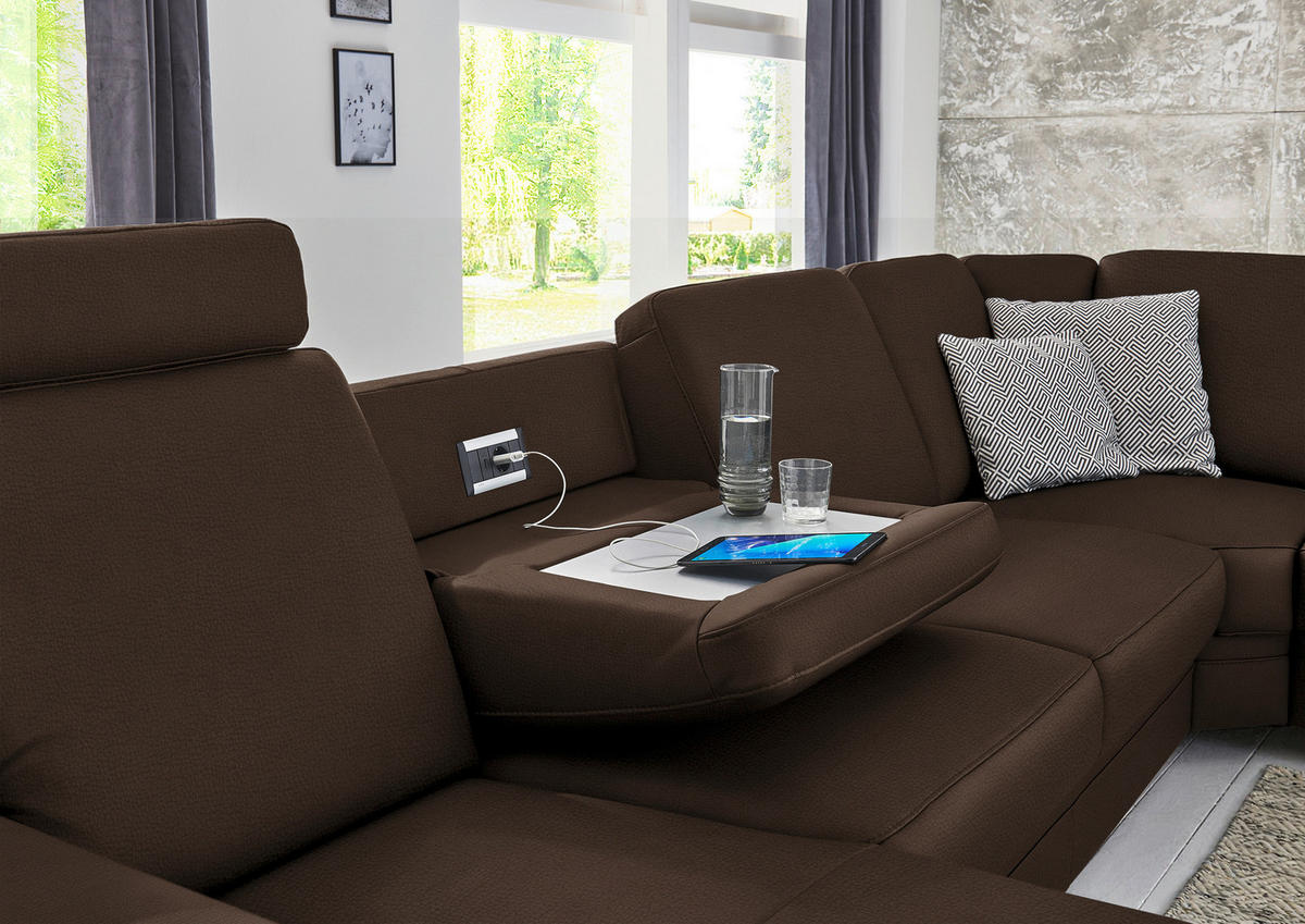 WOHNLANDSCHAFT Echtleder Dunkelbraun  - Dunkelbraun/Alufarben, Konventionell, Leder/Metall (165/329/239cm) - Beldomo Premium