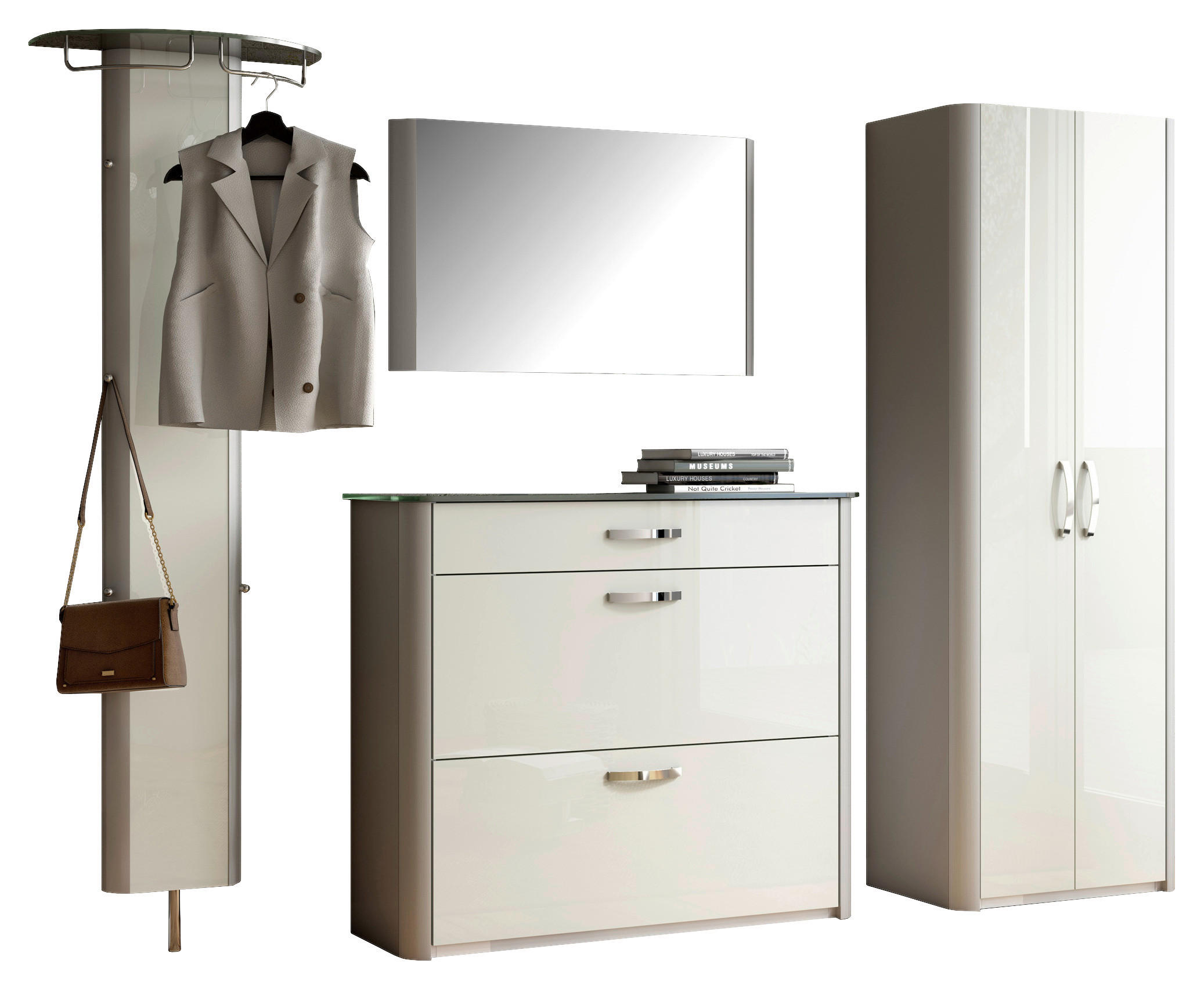 GARDEROBE 4-teilig  in 270/192/34 cm  - Weiß Hochglanz/Alufarben, Design, Glas/Holzwerkstoff (270/192/34cm) - Moderano