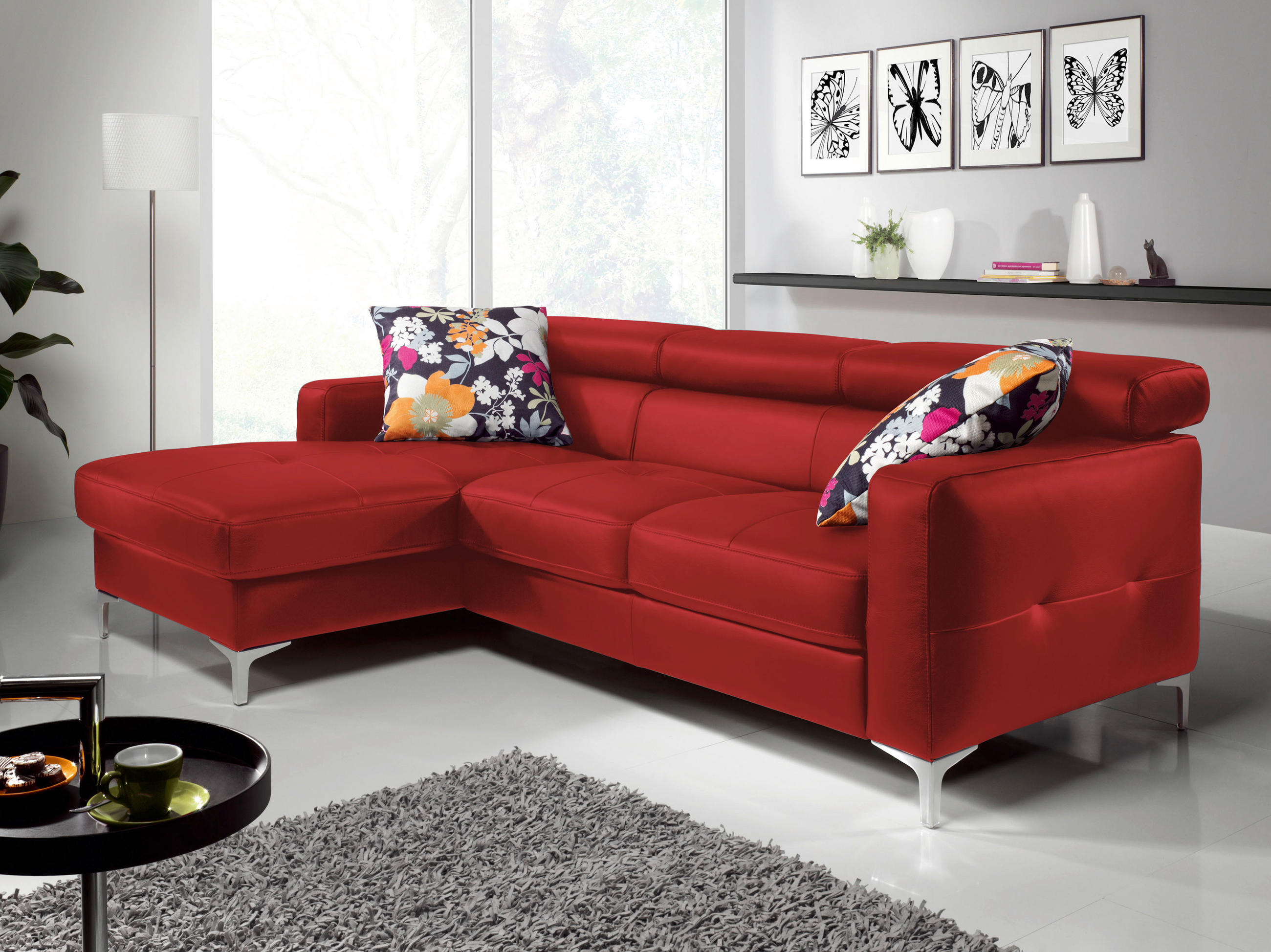 ECKSOFA in Echtleder Rot  - Chromfarben/Rot, Design, Leder/Metall (168/227cm) - Livetastic