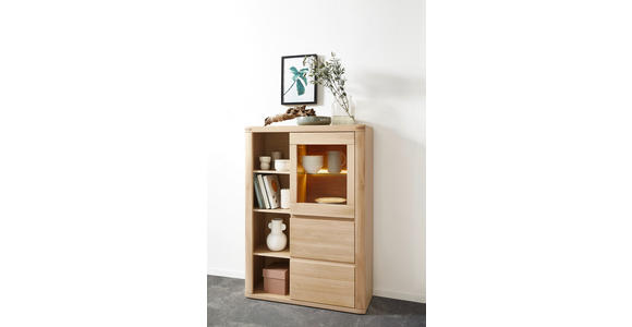 HIGHBOARD Eiche massiv Alteiche Einlegeböden  - Alteiche/Grau, KONVENTIONELL, Glas/Holz (98/140/38cm) - Voleo