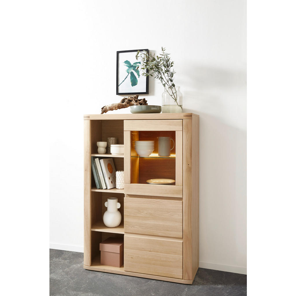 Thumbnail - Voleo Highboard, Alteiche, Glas, Holzwerkstoff, Eiche, massiv, 5 Fächer, 98x140x38 cm, Beimöbel erhältlich, in verschied...