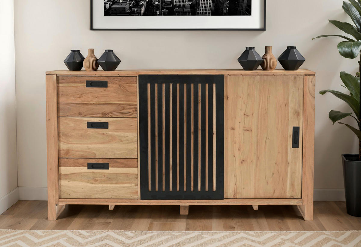 SIDEBOARD  in 160/90/40 cm  - Schwarz/Naturfarben, KONVENTIONELL, Holz/Metall (160/90/40cm) - Livetastic