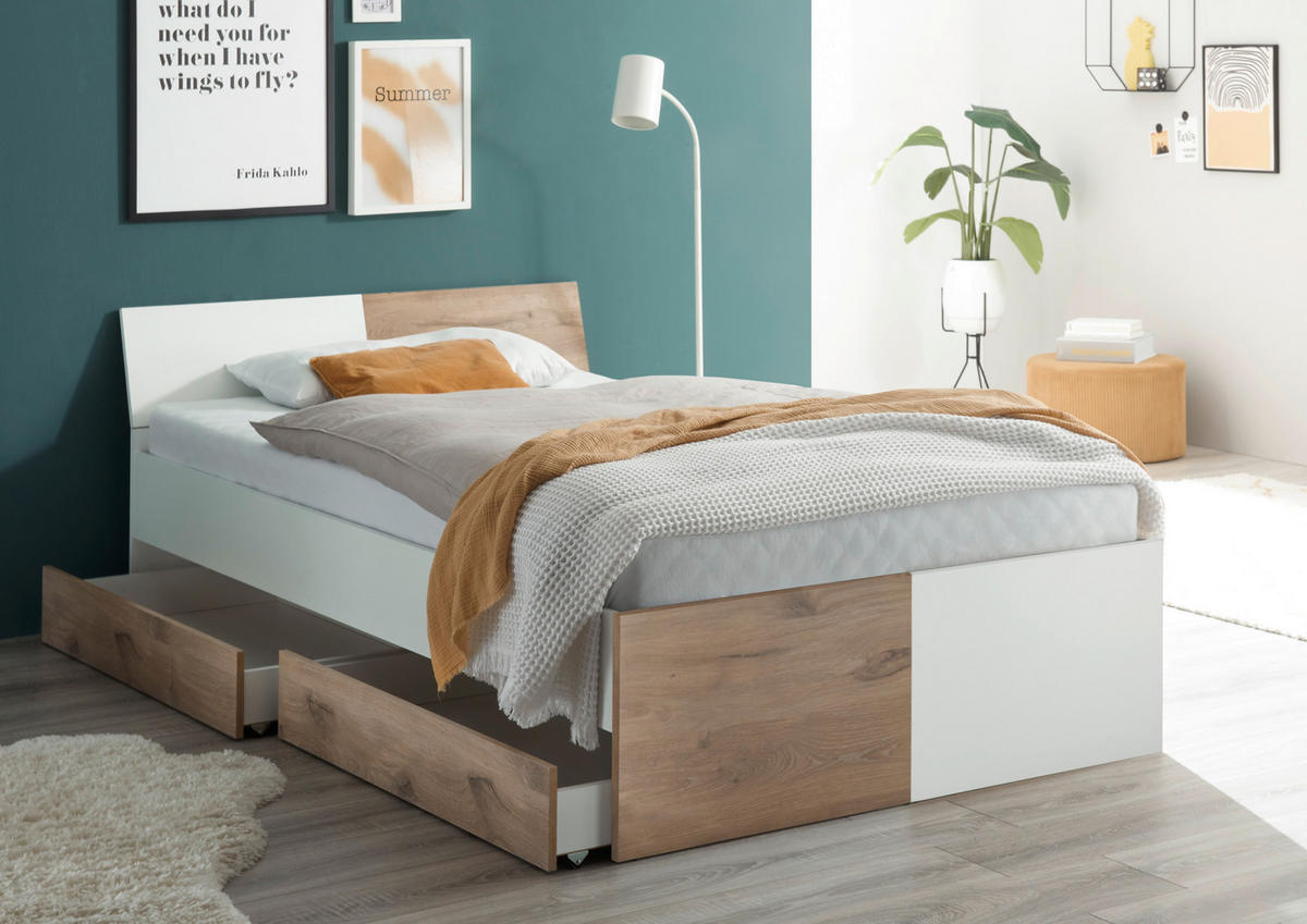 BETT 120/200 cm  in Weiß, Eichefarben  - Eichefarben/Weiß, KONVENTIONELL (120/200cm) - MID.YOU