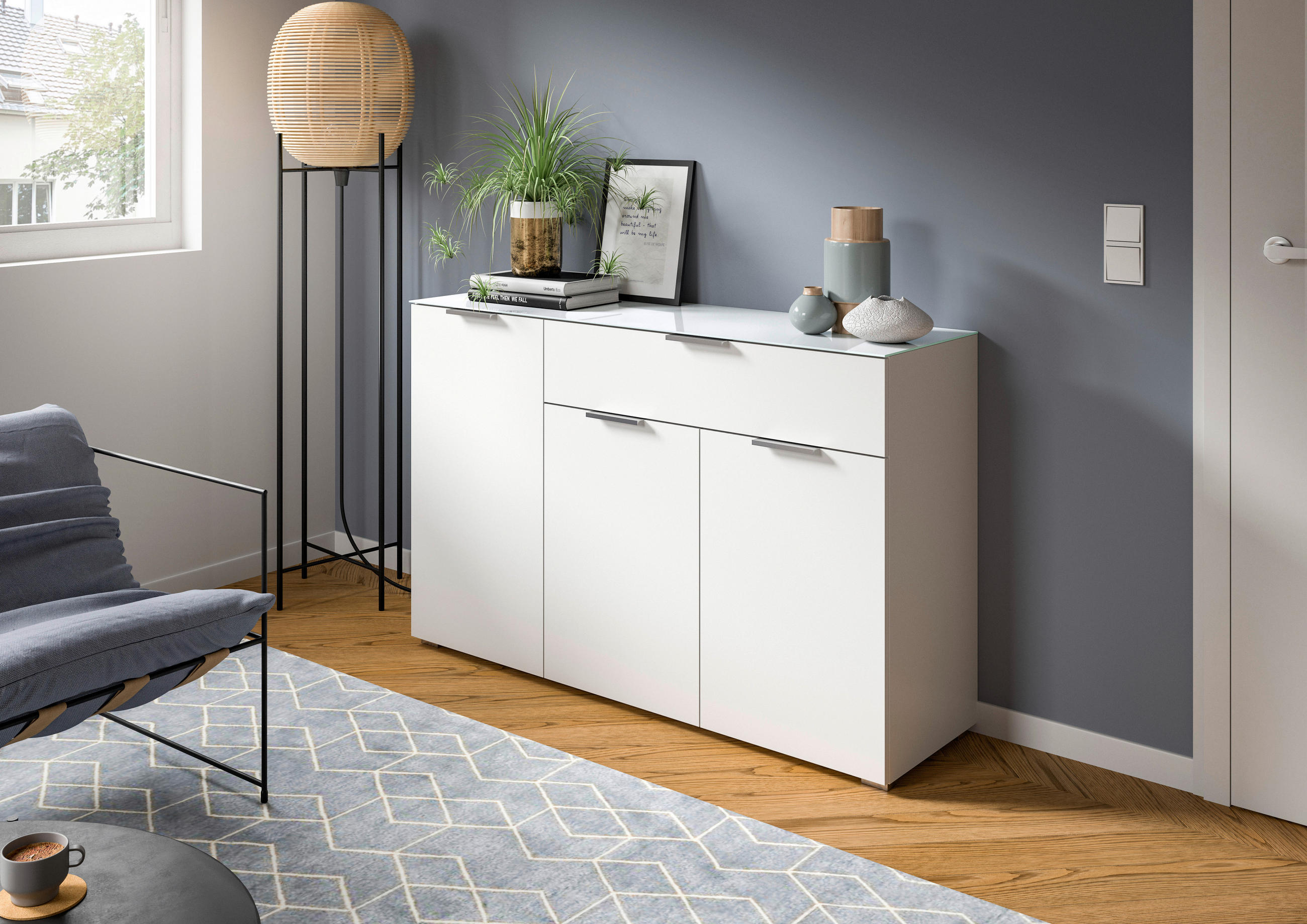 KOMMODE 135/86/40 cm  in Weiß  - Silberfarben/Schwarz, Design, Glas/Holzwerkstoff (135/86/40cm) - Livetastic